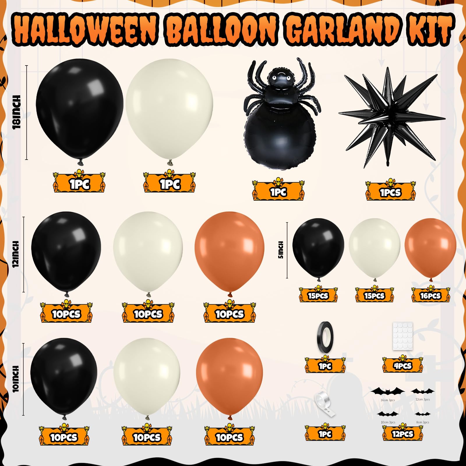 Halloween Balloon Arch Kit – Black, Green & Purple Garland with Ghost & Witch Foil Balloons + 3D Bat Stickers