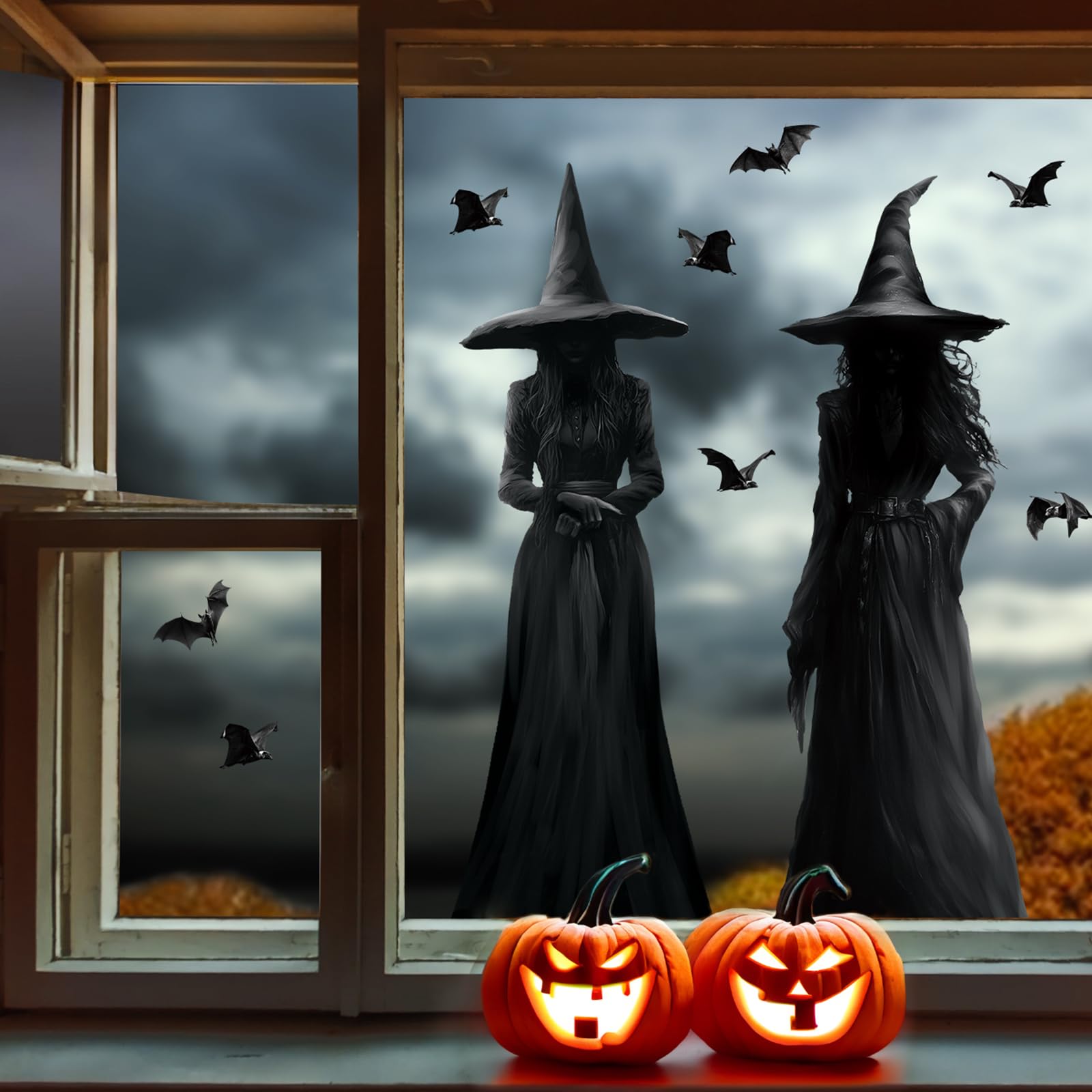Halloween Witch Window Clings – 3 Scary Witches & 34 Bats Double-Sided PVC Silhouette Stickers (Black, Reusable)