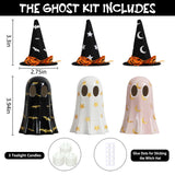 Ceramic Ghost Halloween Décor Set – 3-Piece Light Yellow Ghost Figurines with Witch Hats & Tea Lights