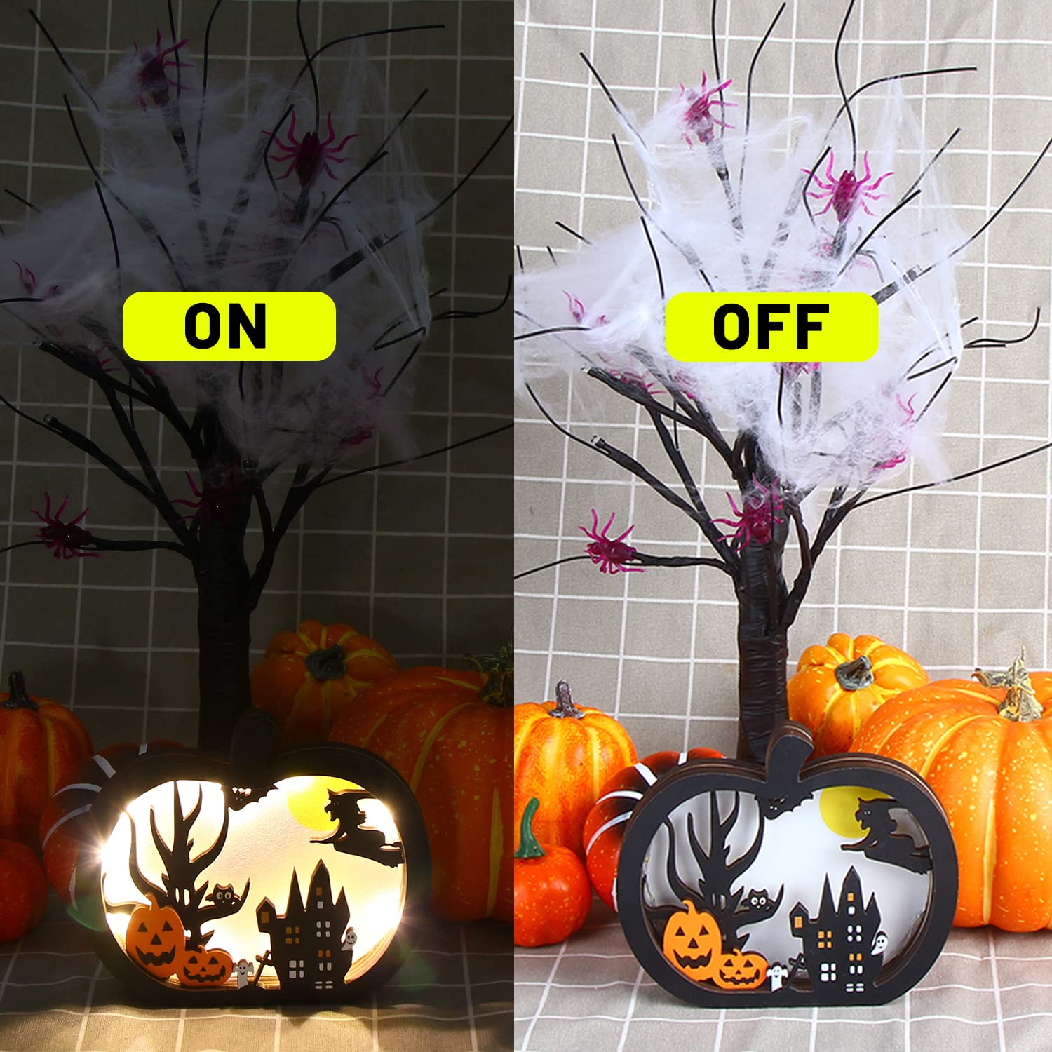 BOO Halloween Light-Up Wooden Signs – 2-Pack Multicolor Tabletop Décor with Pumpkins, Ghosts & LED Lights