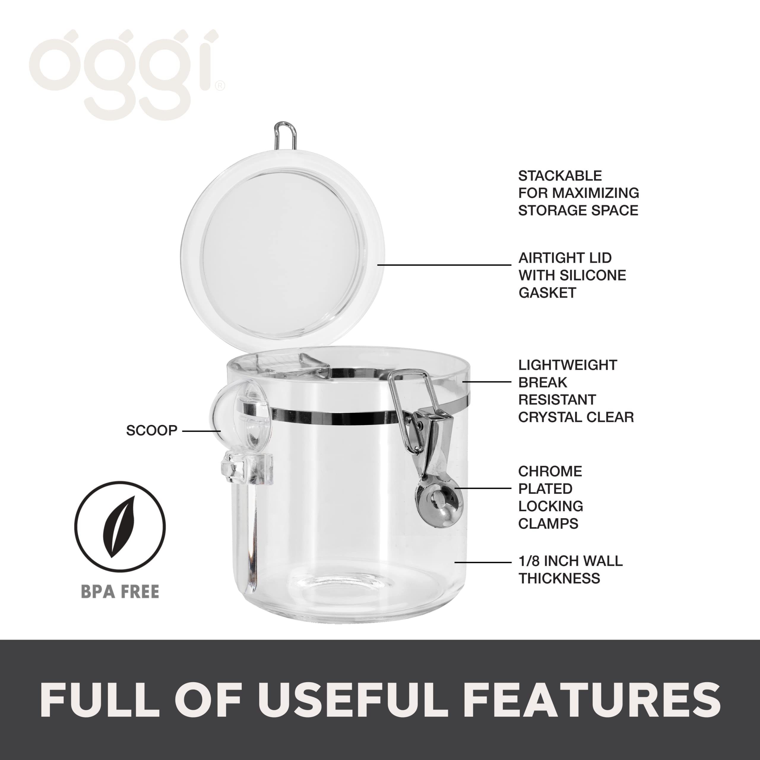Airtight Kitchen Canister Set – 4-Piece Stackable Food Storage Containers with Scoops (Black Lids)