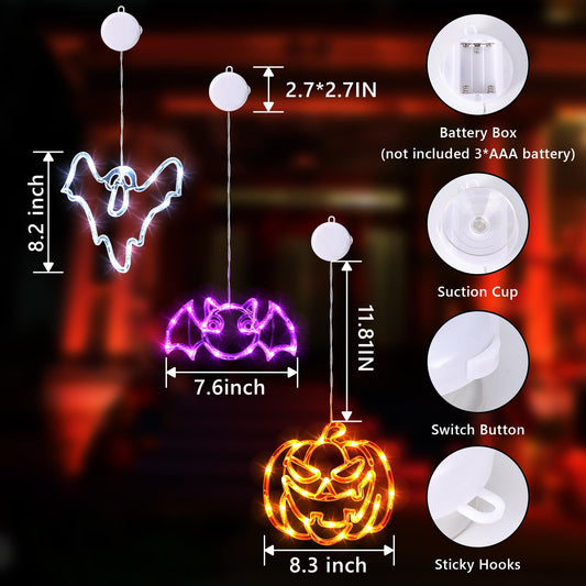 Halloween Window Lights Set – Battery-Operated LED Bat, Pumpkin & Ghost Designs with Timer & 2 Lighting Modes (Indoor/Outdoor)