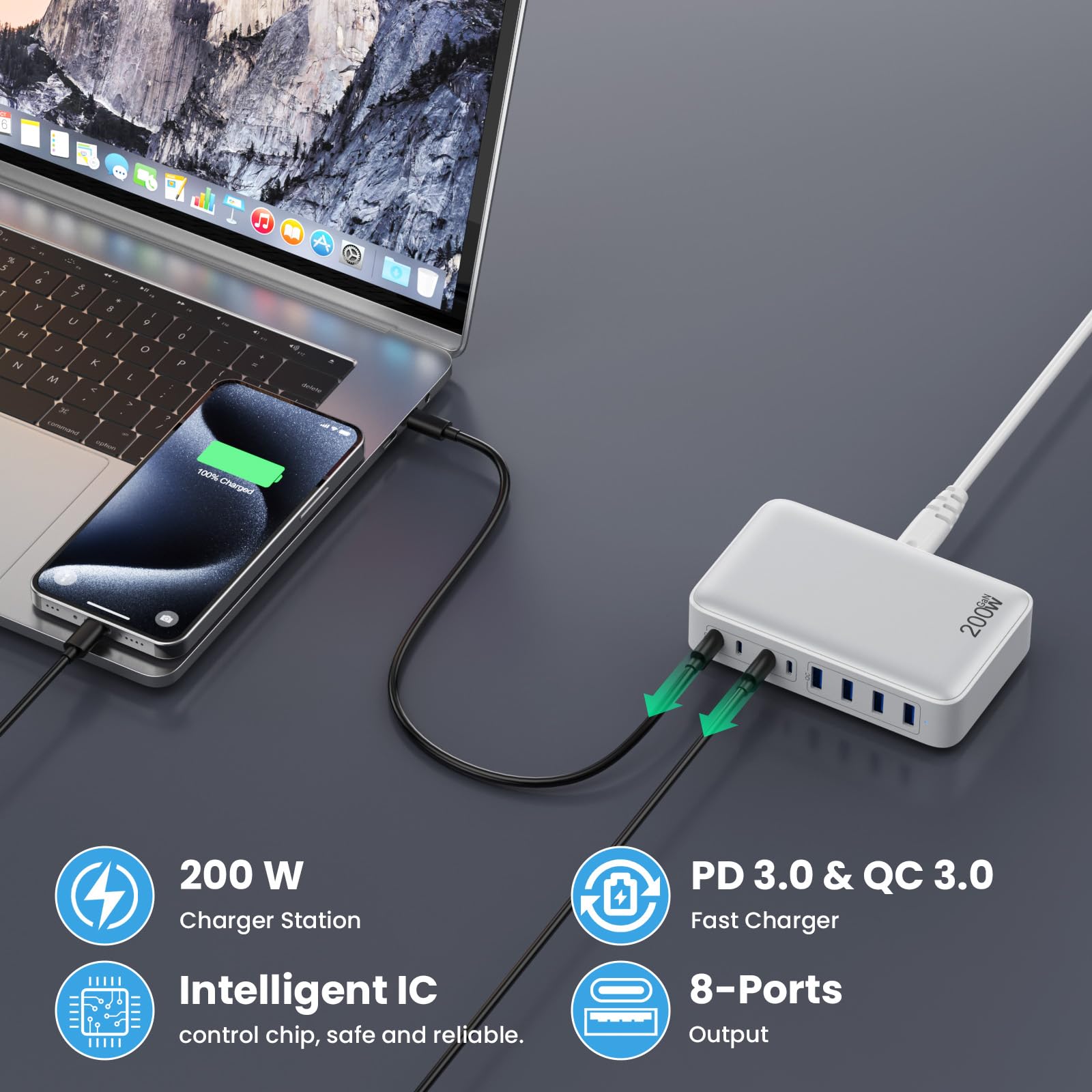 65W 8-Port USB Charging Station – GaN III Fast Charger with 4 USB-C & 4 USB-A Ports