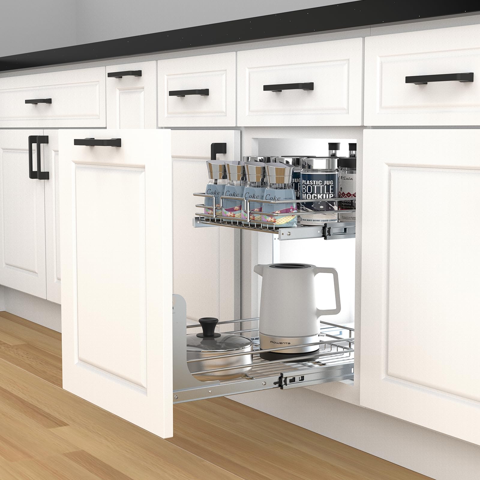 2-Tier Chrome Pull-Out Cabinet Organizer – Heavy-Duty Adjustable Slide-Out Shelves for Base Cabinets (No Door Mount)