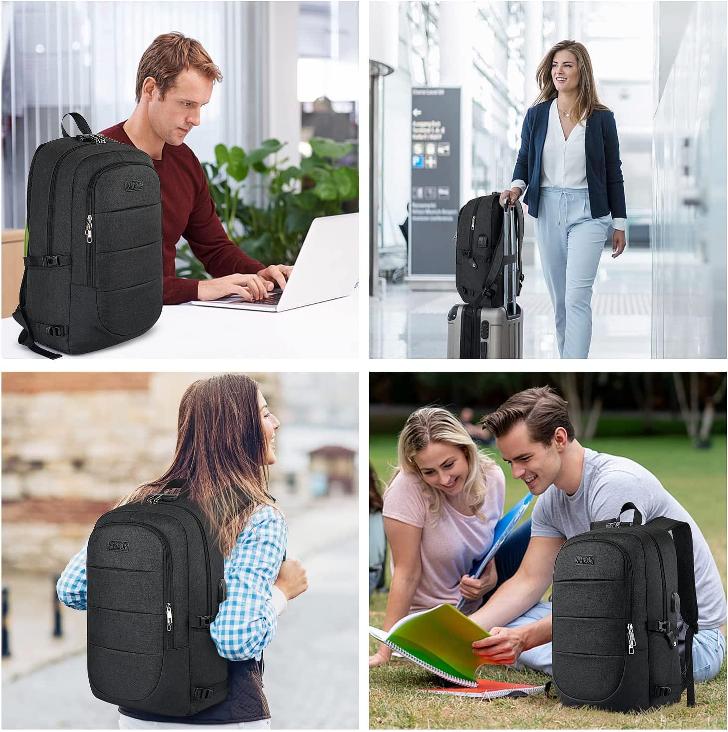AMBOR Anti-Theft Travel Laptop Backpack – Water-Resistant Business Work Backpack with USB Charging Port, Fits up to 17.3” Laptops (Black)