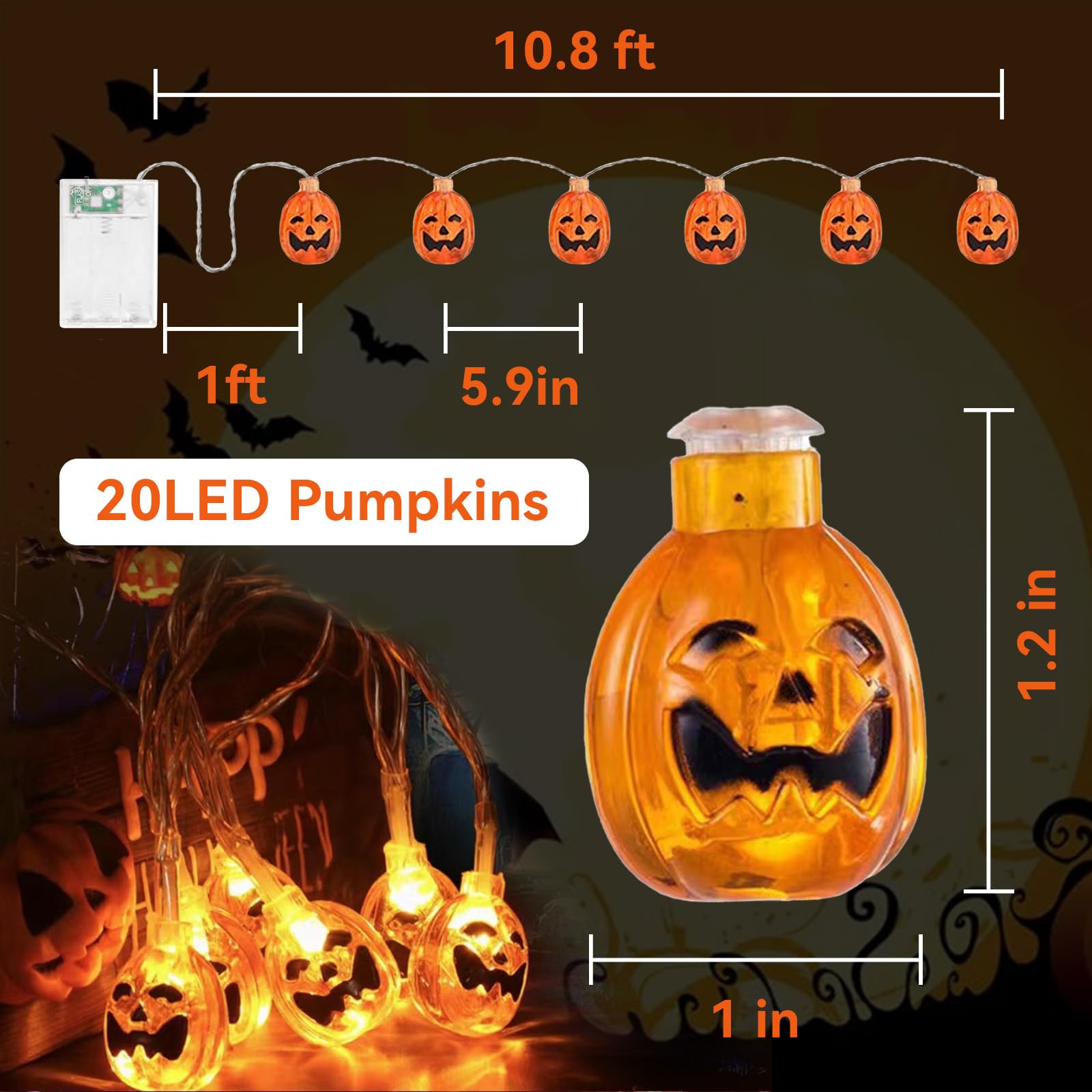 Smiley Pumpkin String Lights – 20 LED Warm Yellow Battery-Operated Waterproof Halloween Fairy Lights (Indoor & Outdoor Décor)