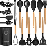 16-Piece Silicone Cooking Utensil Set with Wooden Handles & Holder – Black