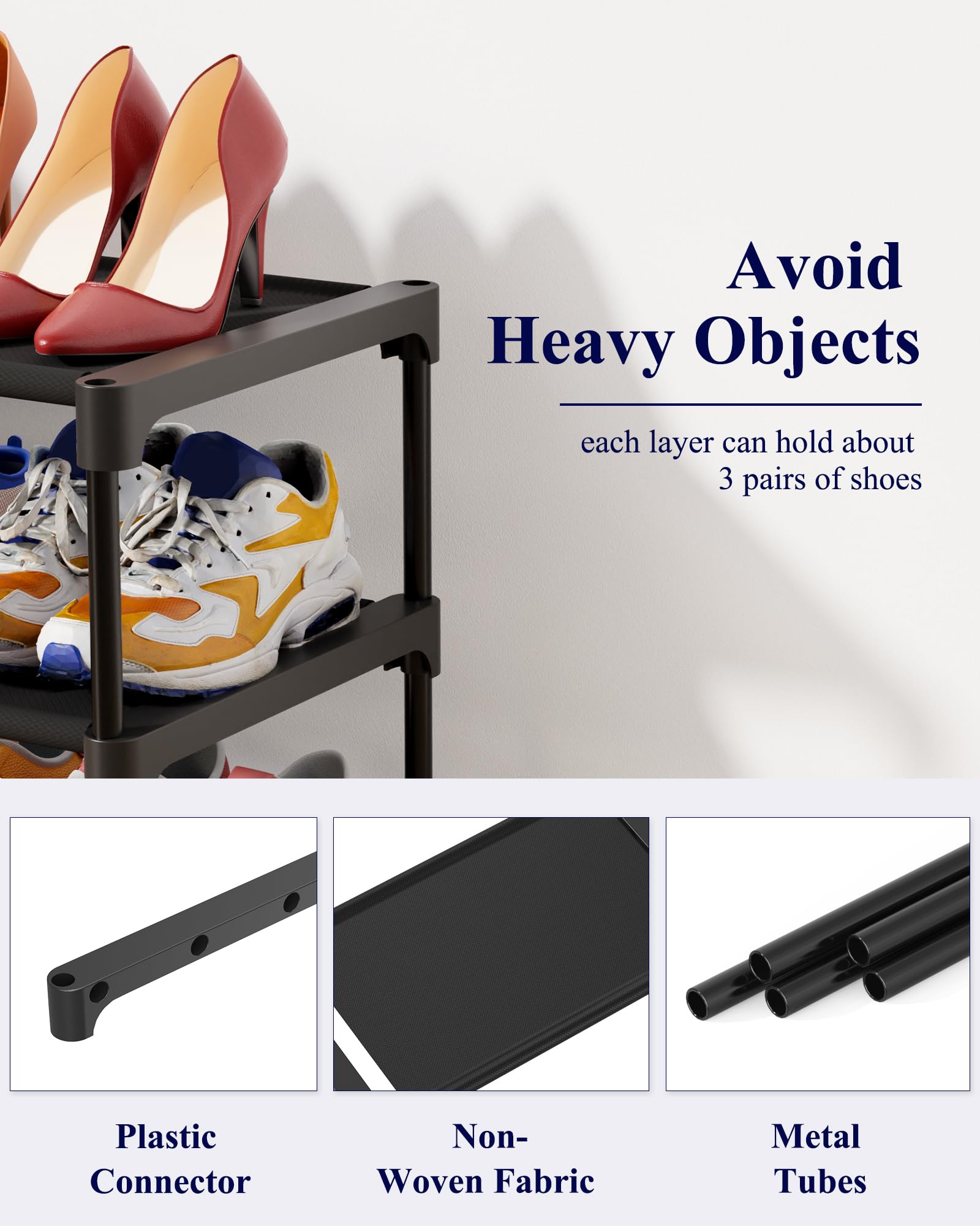 KITSURE 3-Tier Stackable Shoe Rack – Non-Woven Shelf Shoe Organizer for Closet, Entryway & Garage (27.5”, Black)