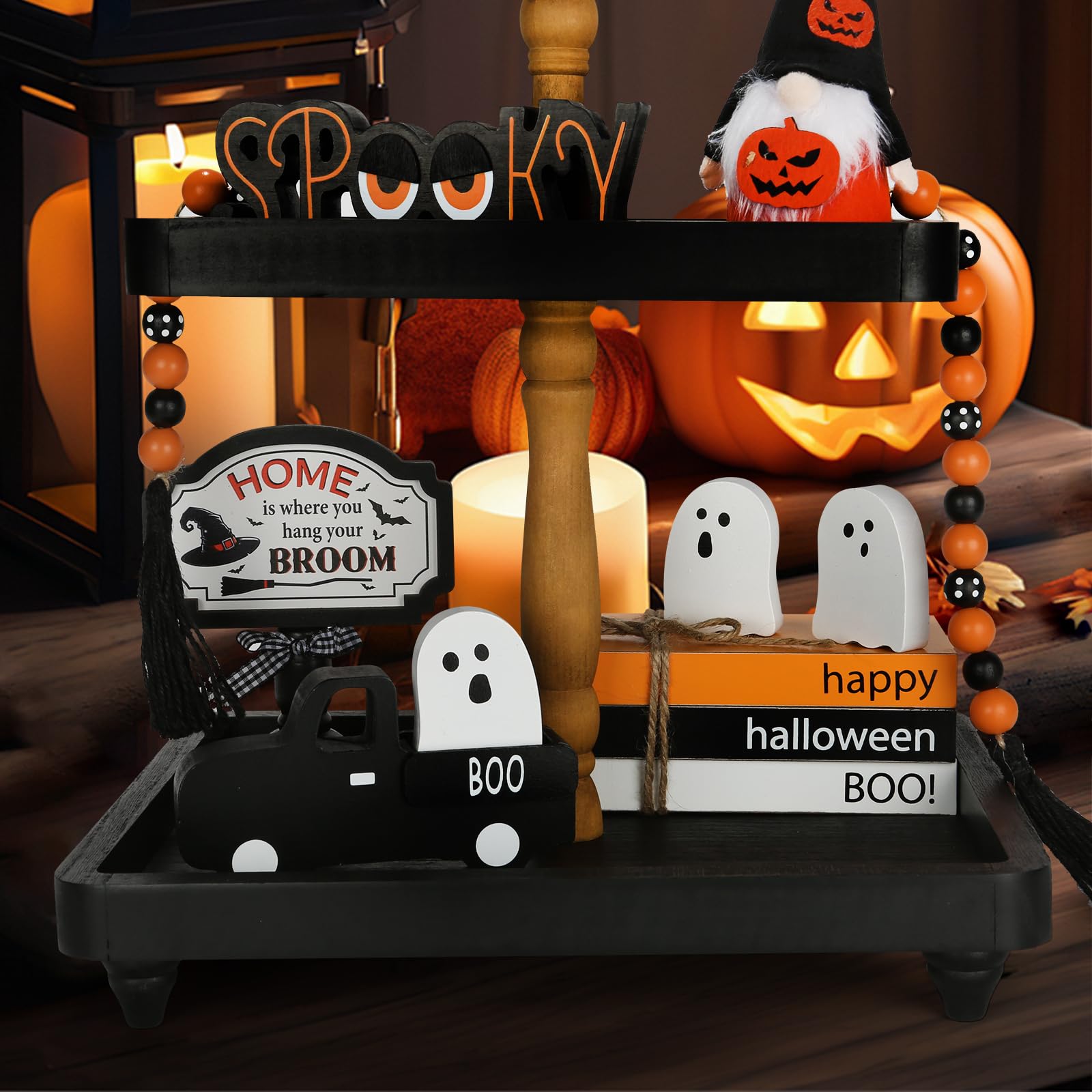 Halloween Wooden Ghost Truck Decor – Stacked Books & Ghost Figures for Table, Shelf & Fireplace