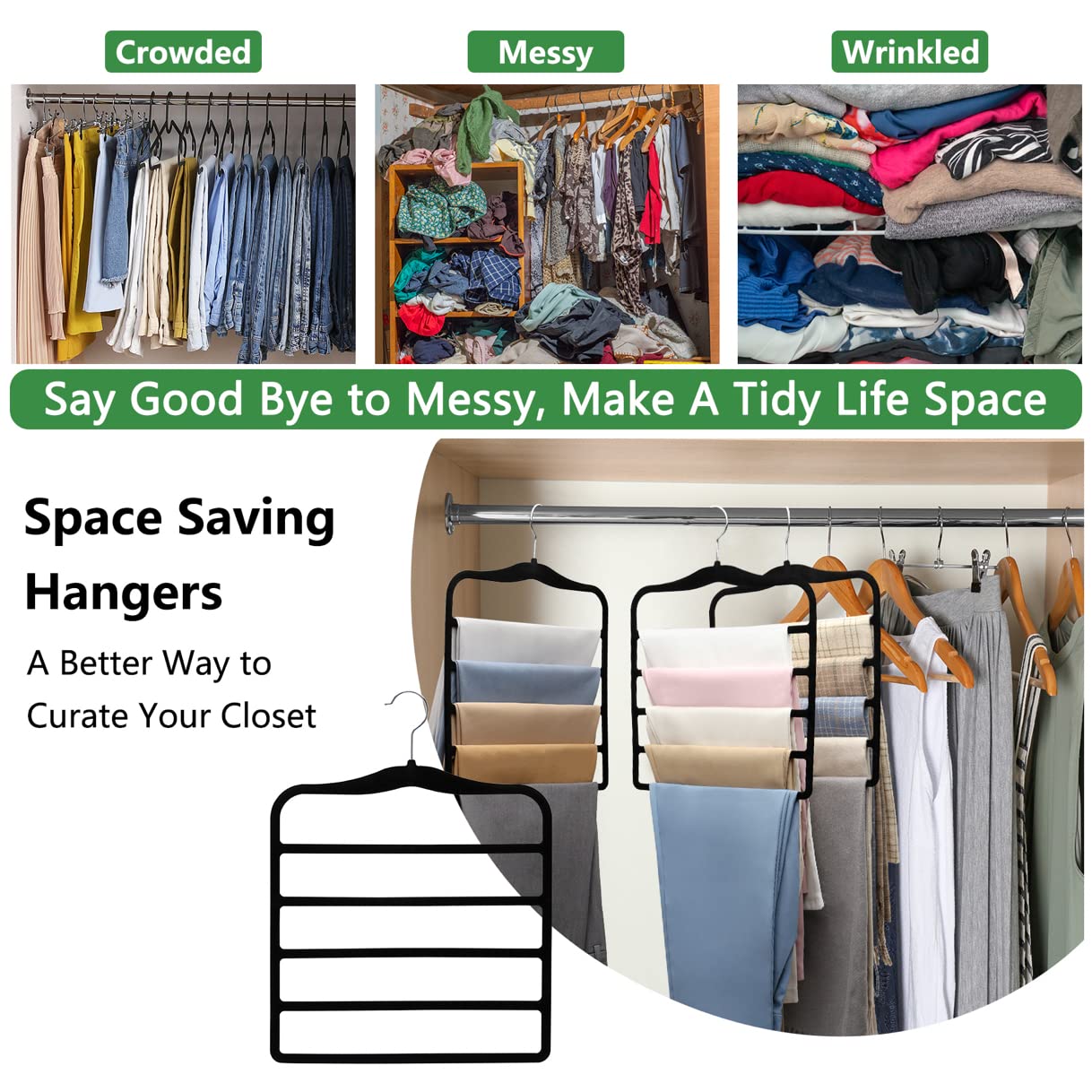 Space-Saving Velvet Pants Hangers (3-Pack) – 5-Tier Non-Slip Closet Organizer for Jeans, Pants, Scarves & Ties (Black)