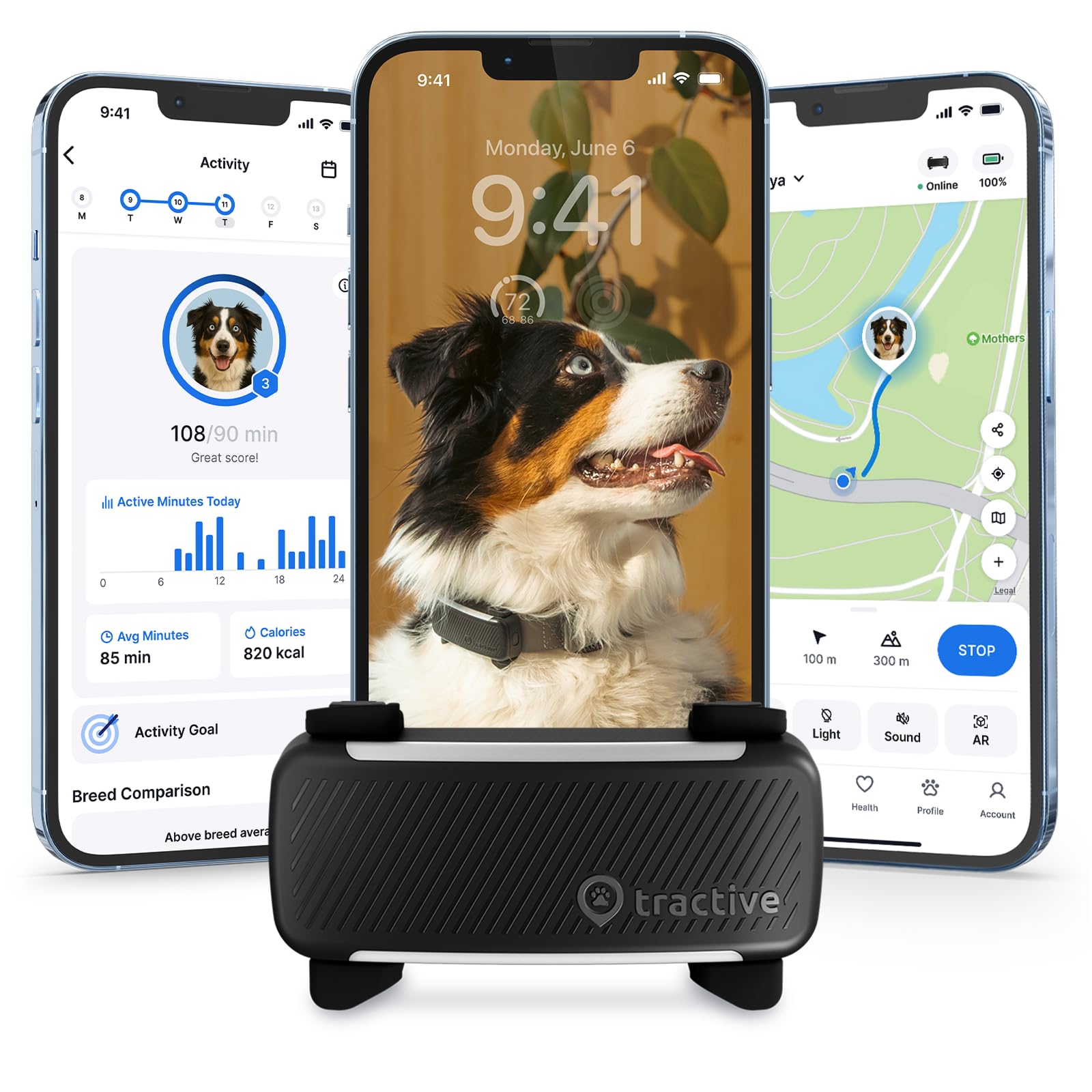 Tractive Real-Time GPS Dog Tracker with Health Monitoring & Escape Alerts – Waterproof Smart Pet Tracking Device (Black)