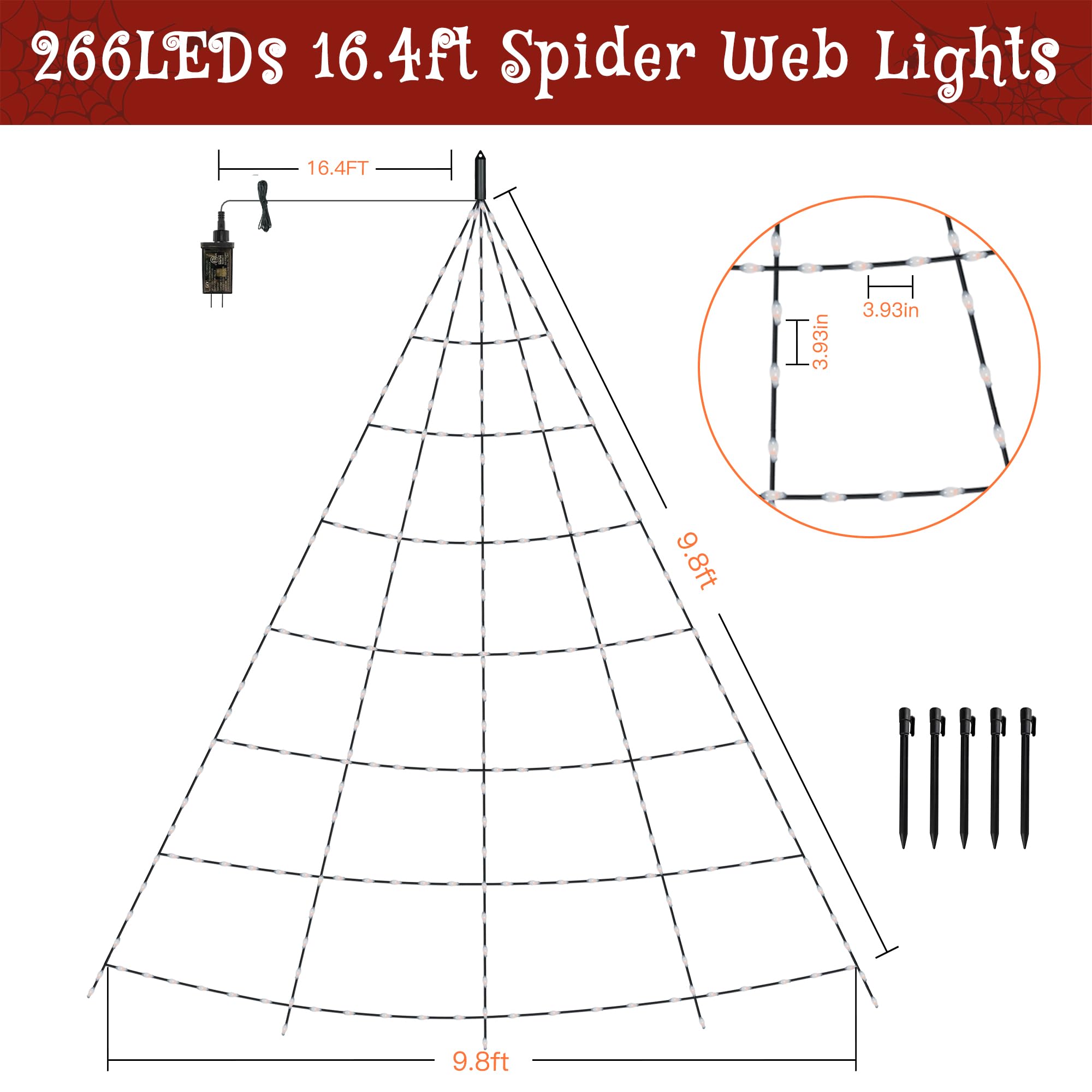 Halloween Spiderweb Lights – 266 LED Orange & Purple Outdoor Web with Remote, 8 Modes & Timer (9.8ft, IP67 Waterproof)