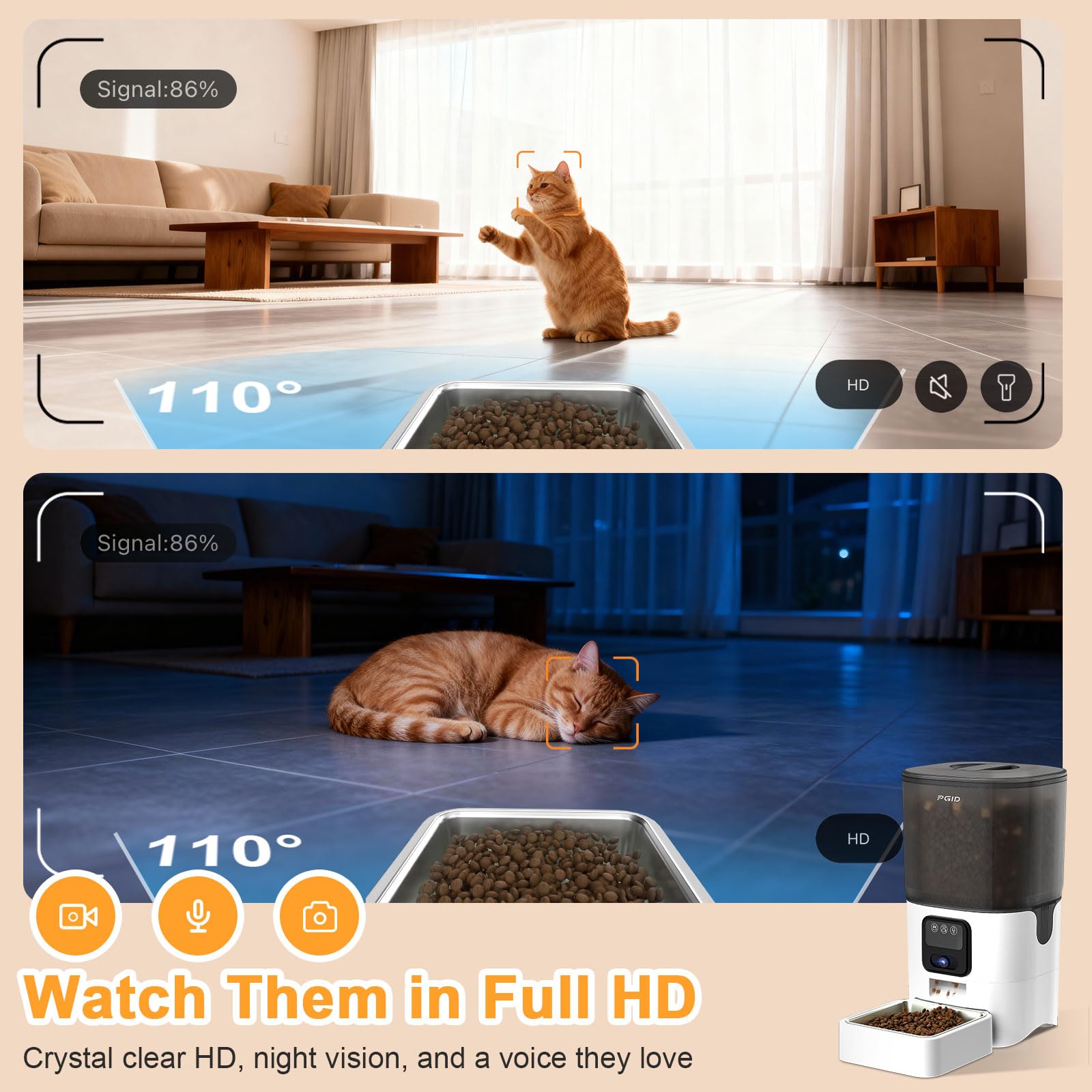 Smart Automatic Pet Feeder with 1080P HD Camera, 6L Transparent Food Tank, WiFi App Control, Motion Detection, and Two-Way Audio