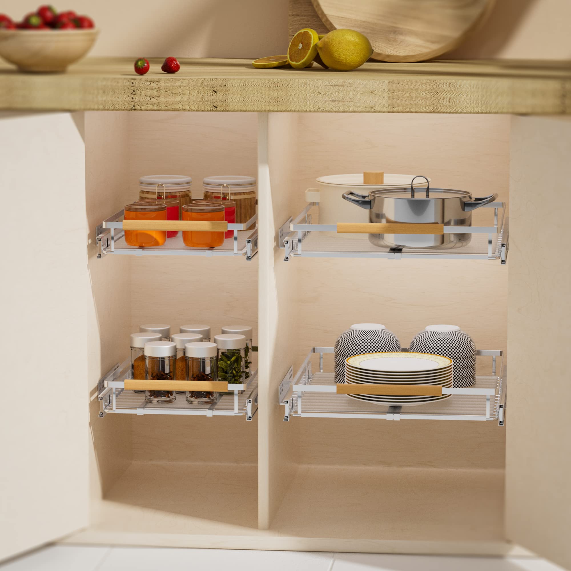 Expandable Pull-Out Cabinet Organizer – 3-Pack Heavy-Duty Slide-Out Storage Drawers (Chrome)