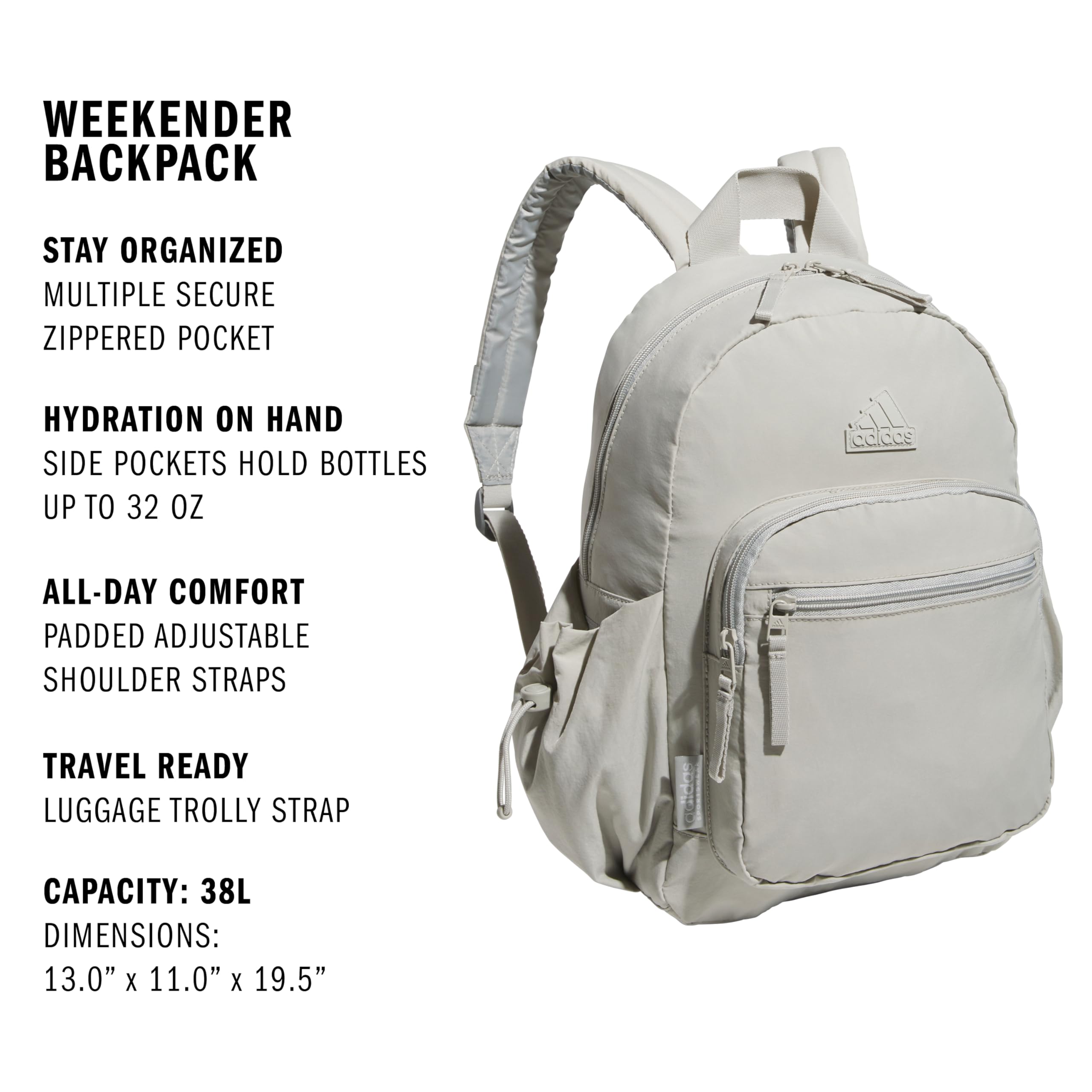 adidas Weekender Backpack – Compact & Lightweight Everyday Travel Backpack with Trolley Strap (Metal Grey, 19L)