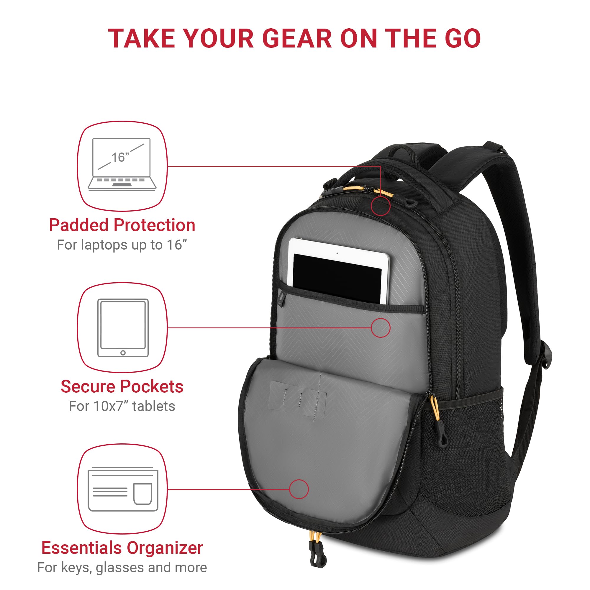 SwissGear Cecil 5505 Laptop Backpack – Lightweight 27.3L Daily Carry with Airflow Comfort, Black Gold