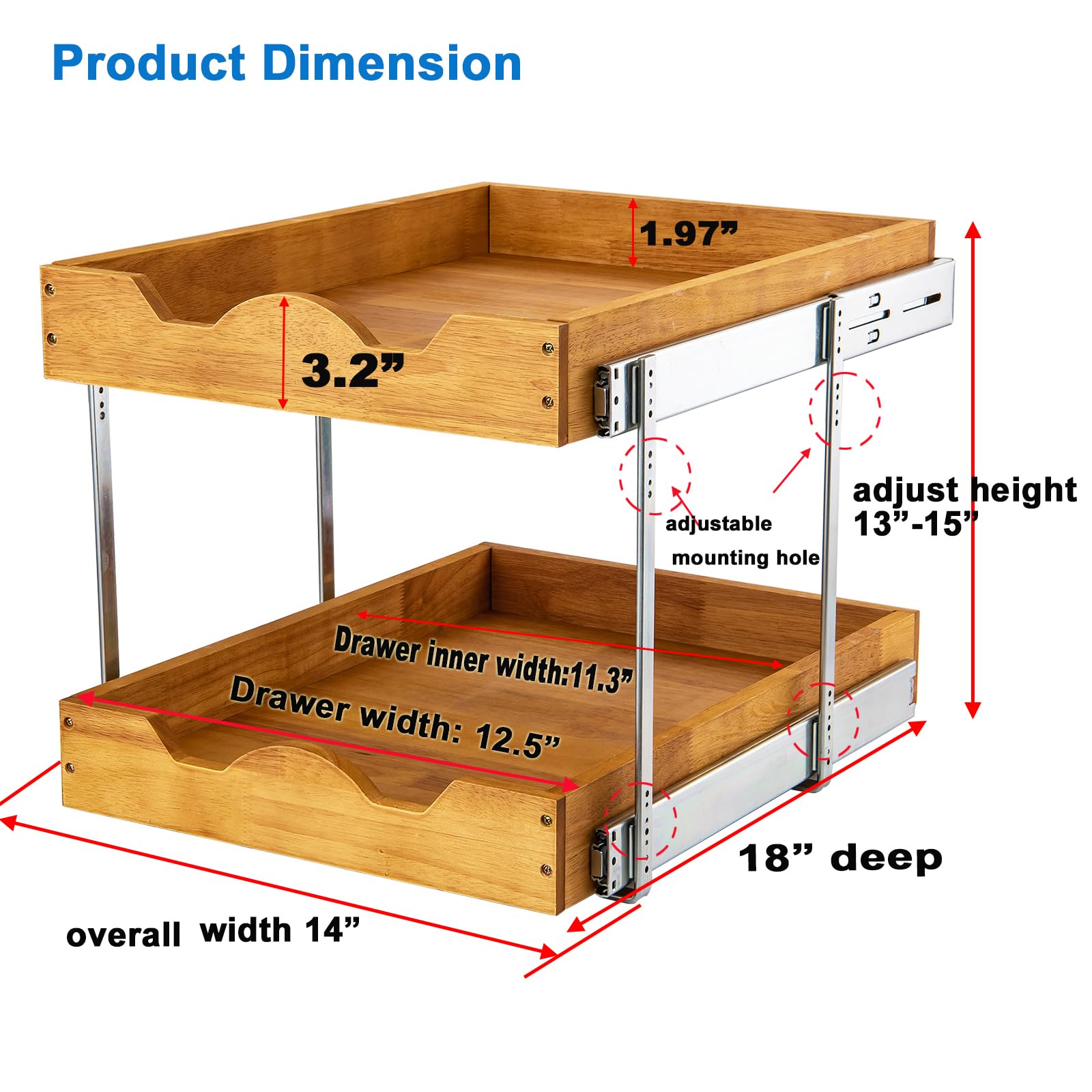 DINDON Oak Wood 2-Tier Pull-Out Cabinet Organizer – Dual-Level Slide-Out Storage Shelf for Kitchen Base Cabinets