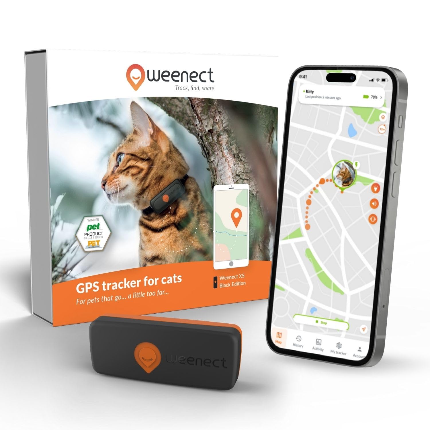 Weenect XS Mini GPS Tracker for Cats with Real-Time Tracking & Global Coverage – Lightweight Waterproof Pet Location Tracker (Black)