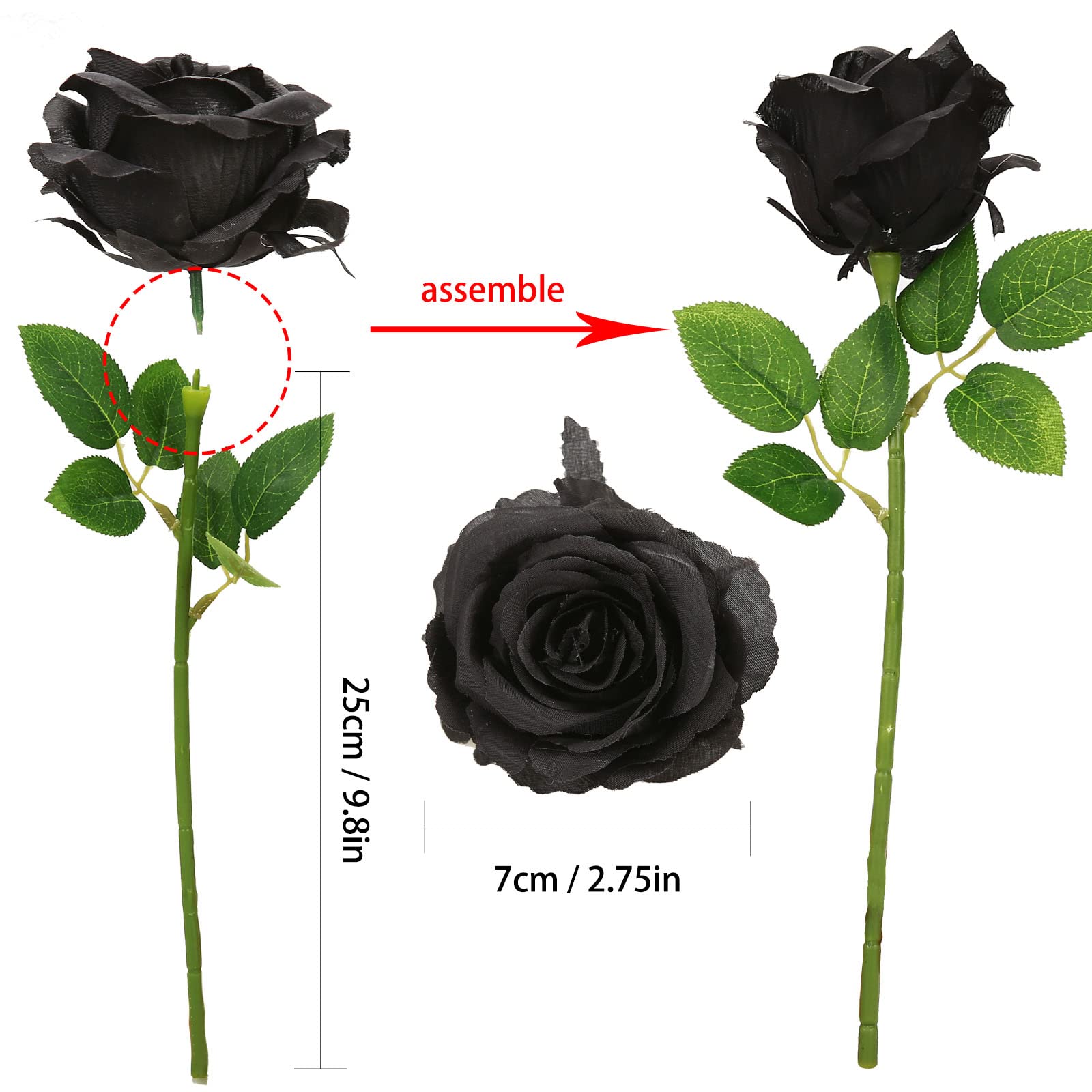12PCS Artificial Black Roses with Green Stems – Lifelike Silk Flowers for Halloween, Weddings & Home Decor