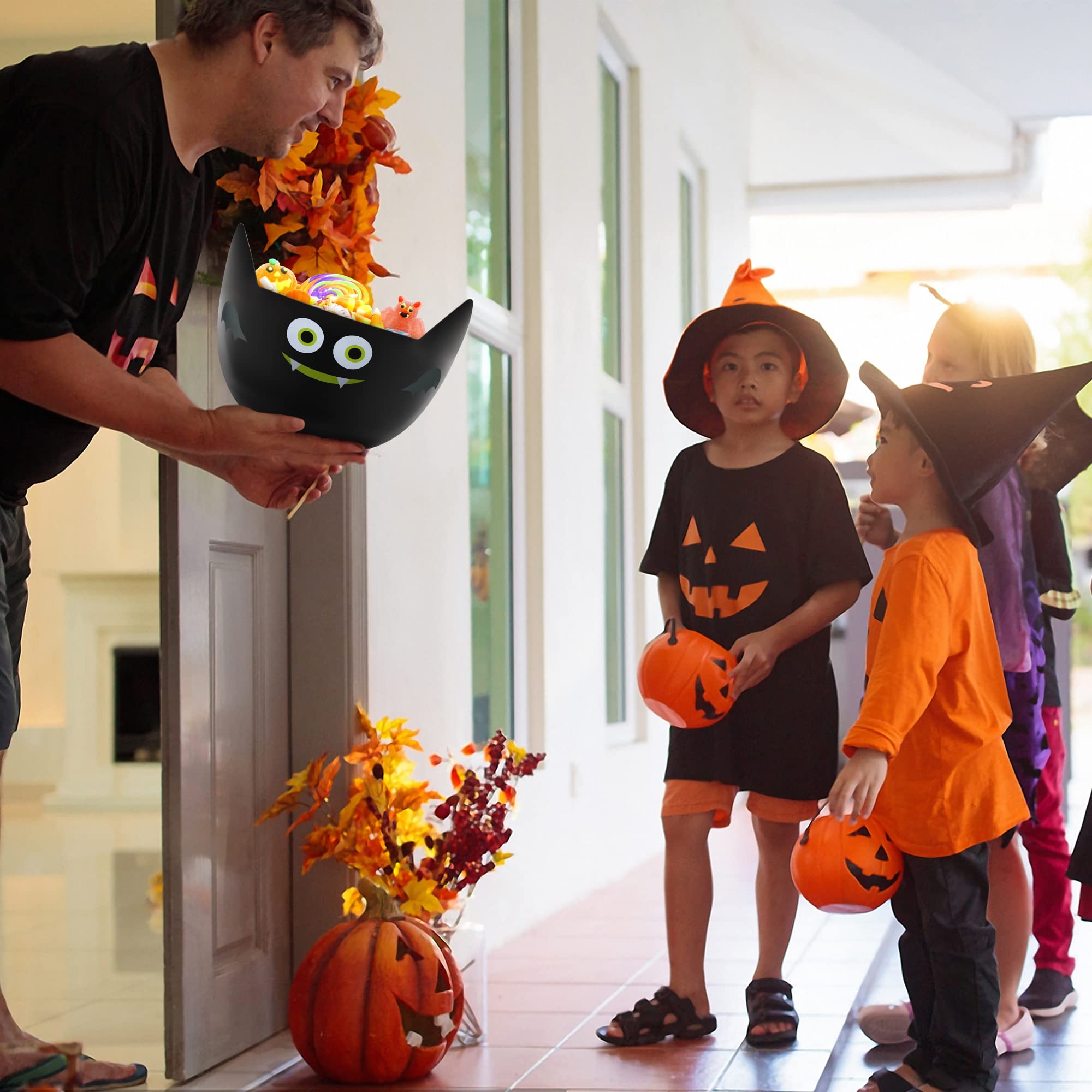 Black Cat Halloween Candy Bowls Set – 3-Pack Plastic Serving Bowls for Trick-or-Treat & Party Snacks (Black, Purple & Orange)