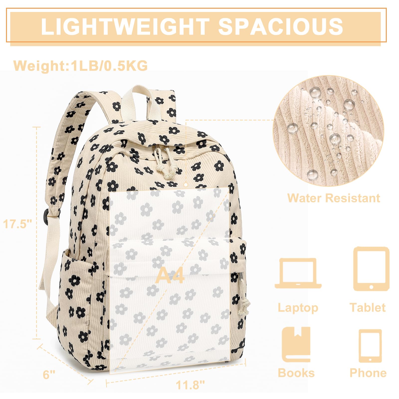 Bluboon Teen Girls School Backpack with Laptop Compartment, Corduroy Floral Design, Lightweight Daily Bookbag