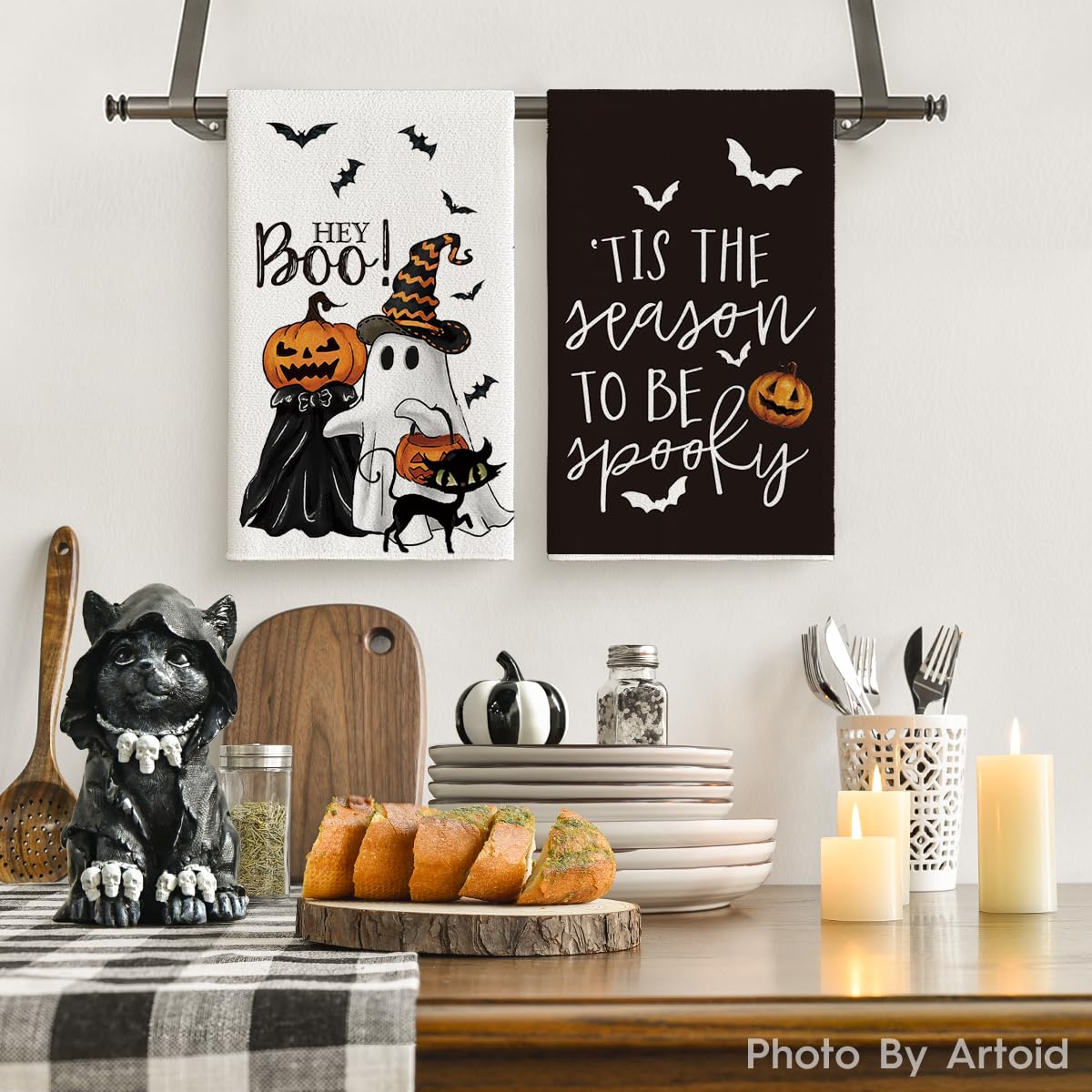 Halloween Kitchen Towels – 4 Pack Soft & Absorbent Dish Towels for Daily Use and Seasonal Kitchen Décor (18x26 Inches, Black)