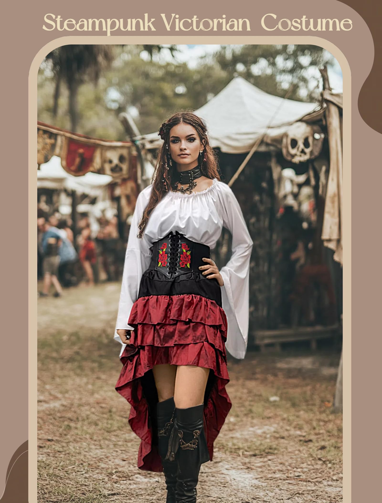 Women’s Renaissance Pirate Costume – White & Red 3-Piece Set with Off-Shoulder Blouse, High-Low Skirt & Corset Waist Belt