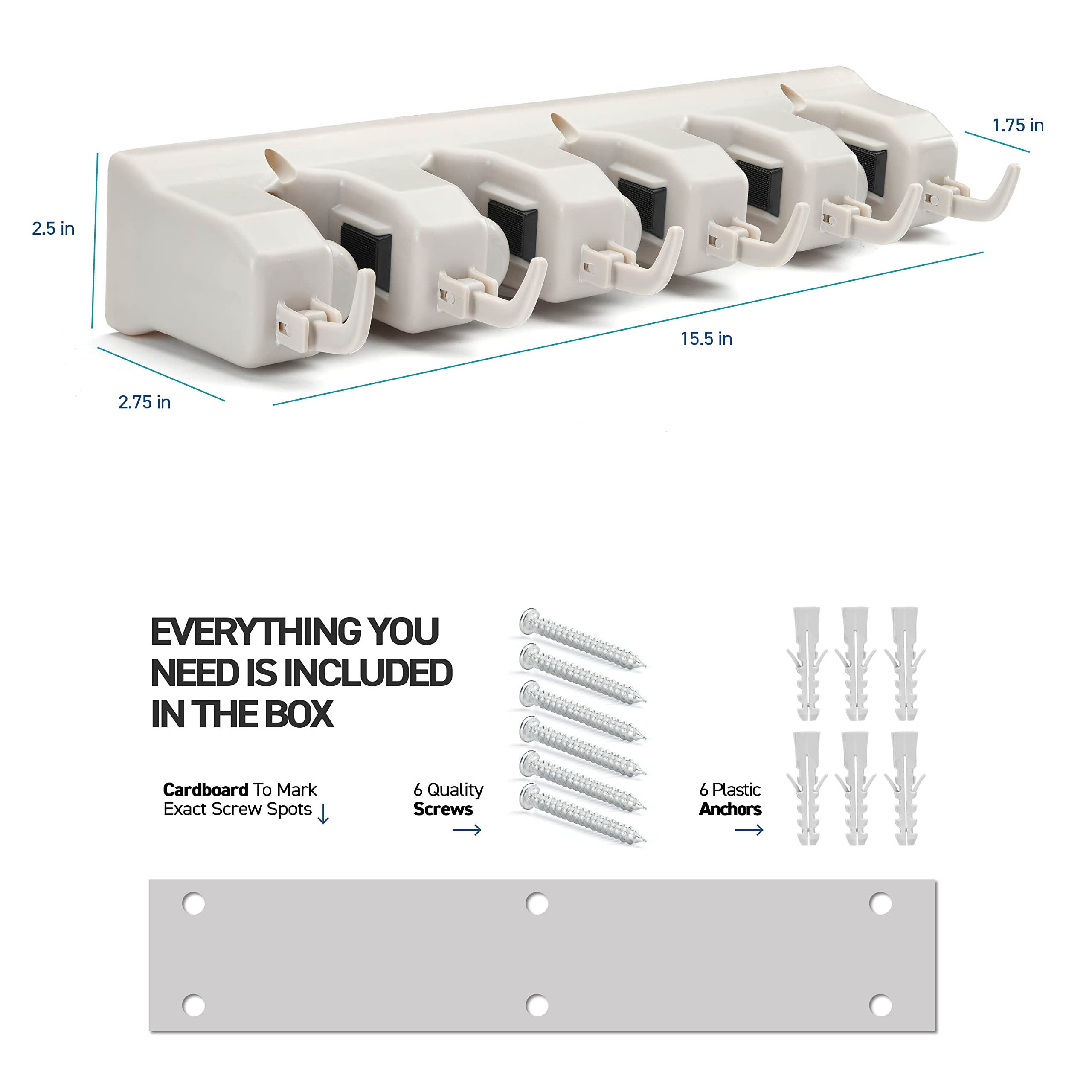 HOME-IT Wall-Mounted Mop & Broom Holder – 5 Slots & 6 Hooks Tool Organizer for Garage, Kitchen & Laundry (Off-White)
