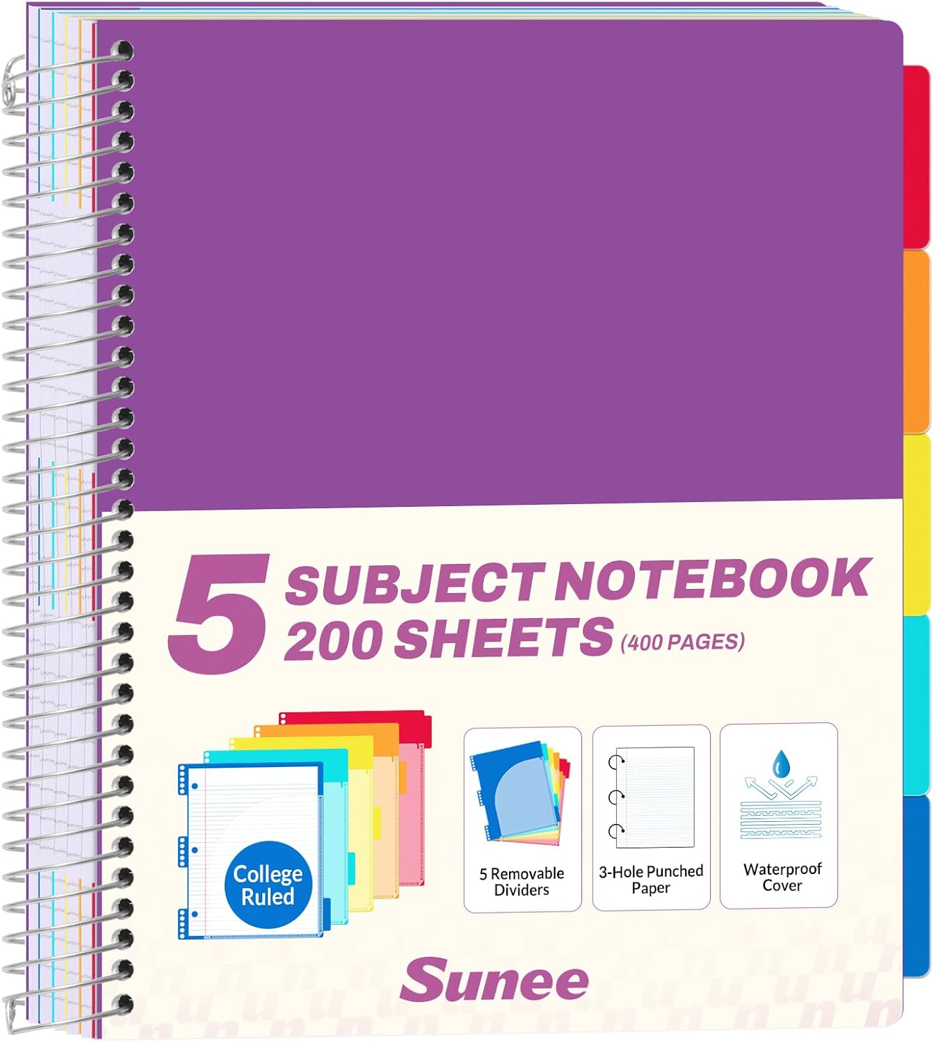 All-in-One Study Notebook with 5 Pocket Dividers, 400 College Ruled Pages and Binder-Ready Sheets