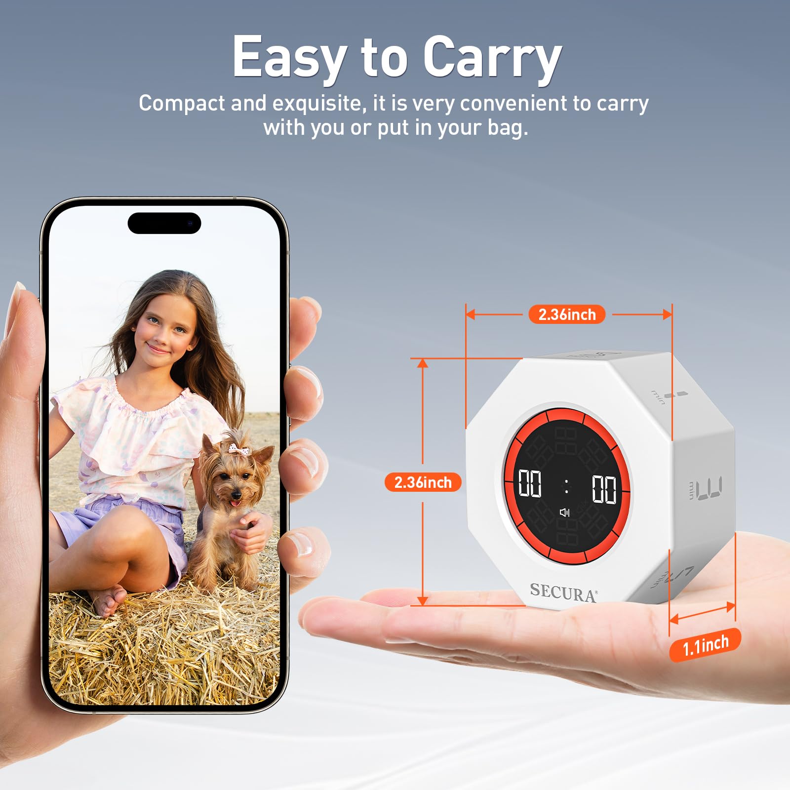 Secura Rotating Pomodoro Timer with Visual Progress Bar, Flip Countdown & Stopwatch, Rechargeable Focus Timer with Adjustable Volume for Tasks & Study – White