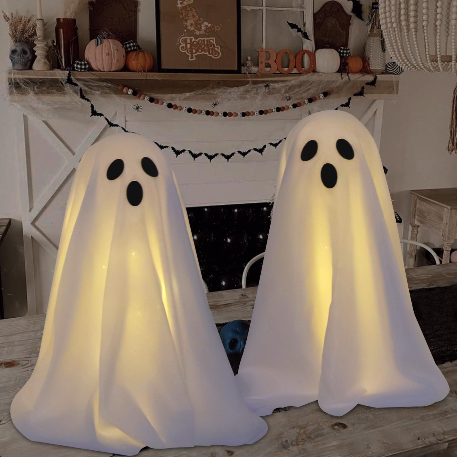 Light-Up Standing Ghost Decorations – 20" White Glowing Halloween Figures with Fabric & LED String Lights (Set of 3)