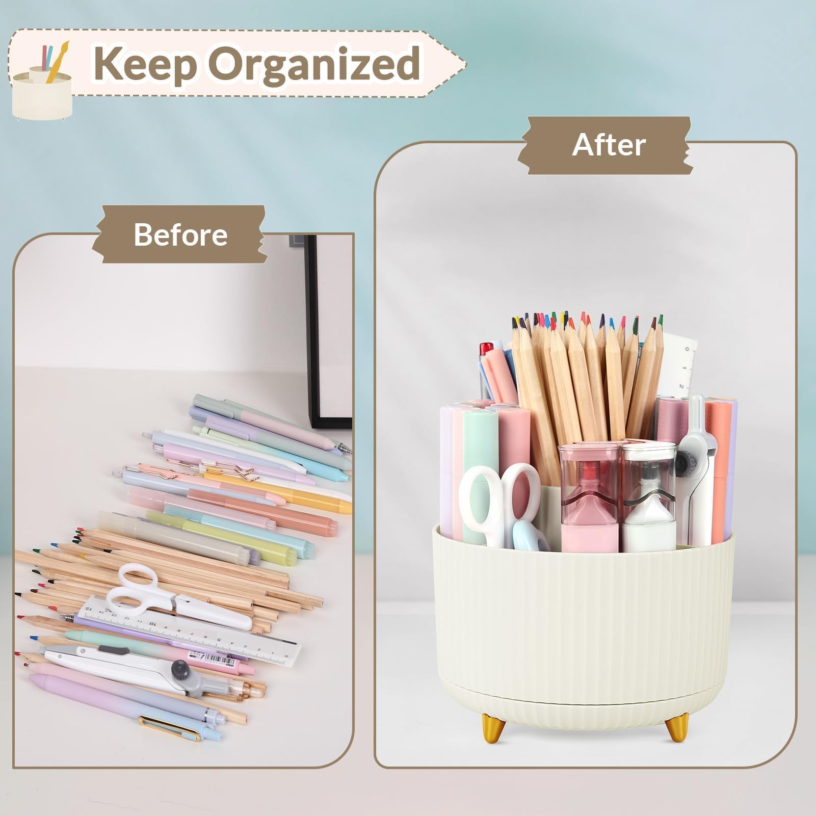 SkyDue 360° Rotating Desk Pen Organizer with 5 Compartments Space Saving Pencil Holder & Multi Purpose Desktop Storage
