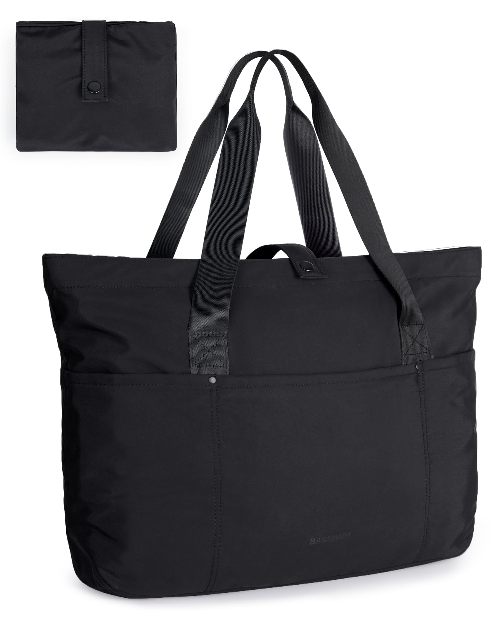 BAGSMART Foldable Tote Bag for Women – Large Lightweight Shoulder & Travel Handbag with Zipper (Black)