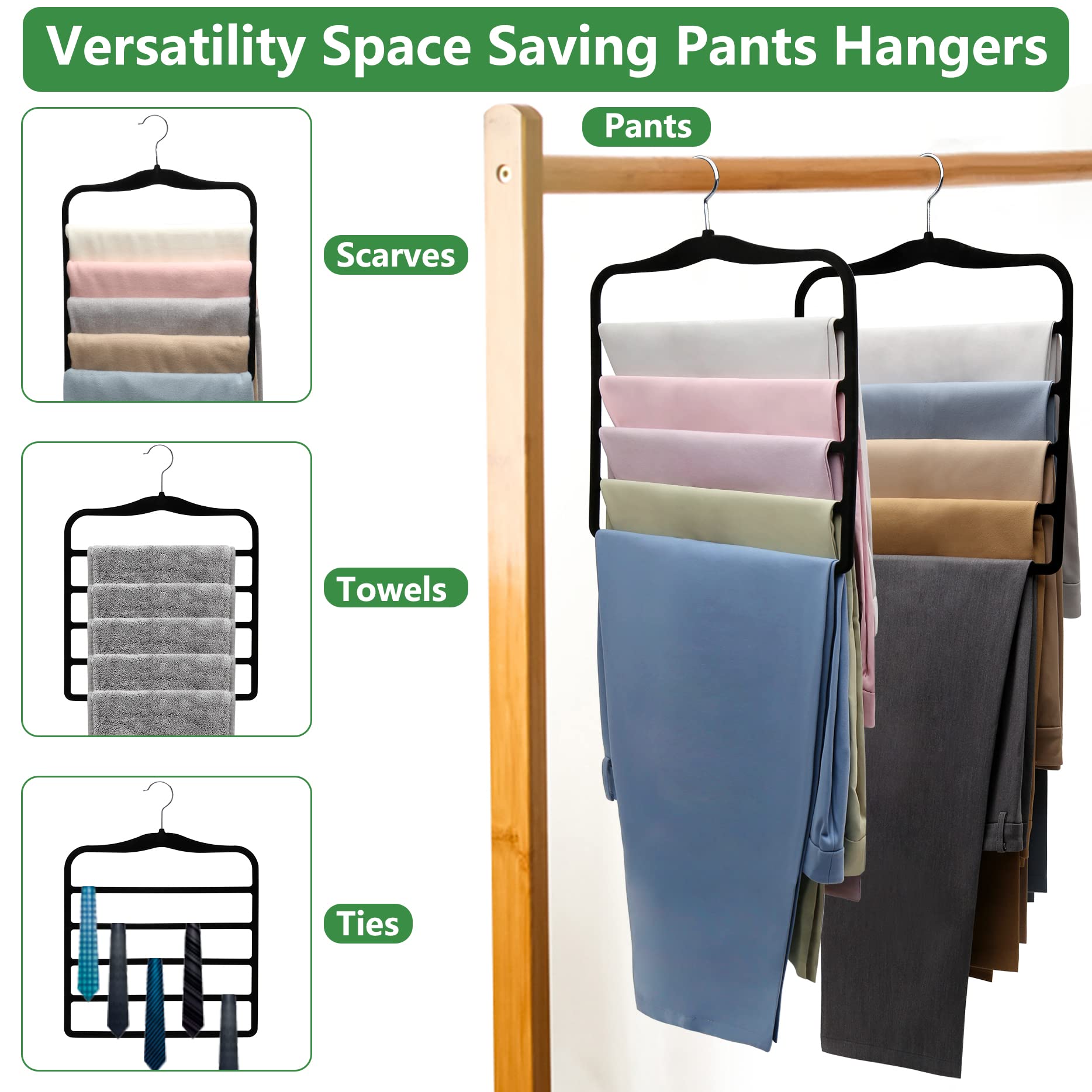 Space-Saving Velvet Pants Hangers (3-Pack) – 5-Tier Non-Slip Closet Organizer for Jeans, Pants, Scarves & Ties (Black)