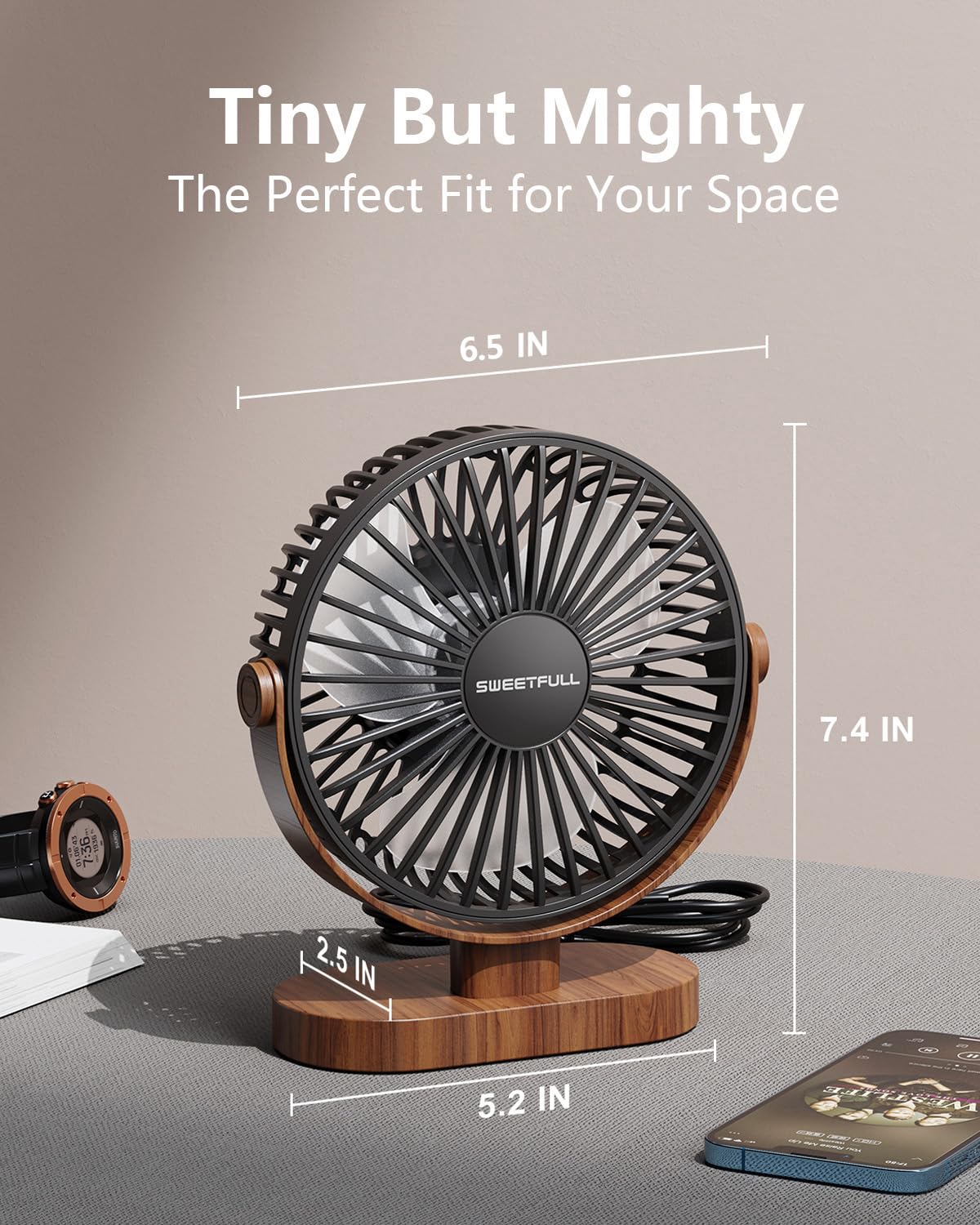 Sweetfull 6.5” USB Desk Fan Portable Quiet Mini Personal Fan with 3 Speeds & 360° Adjustable Airflow Wood Grain Design