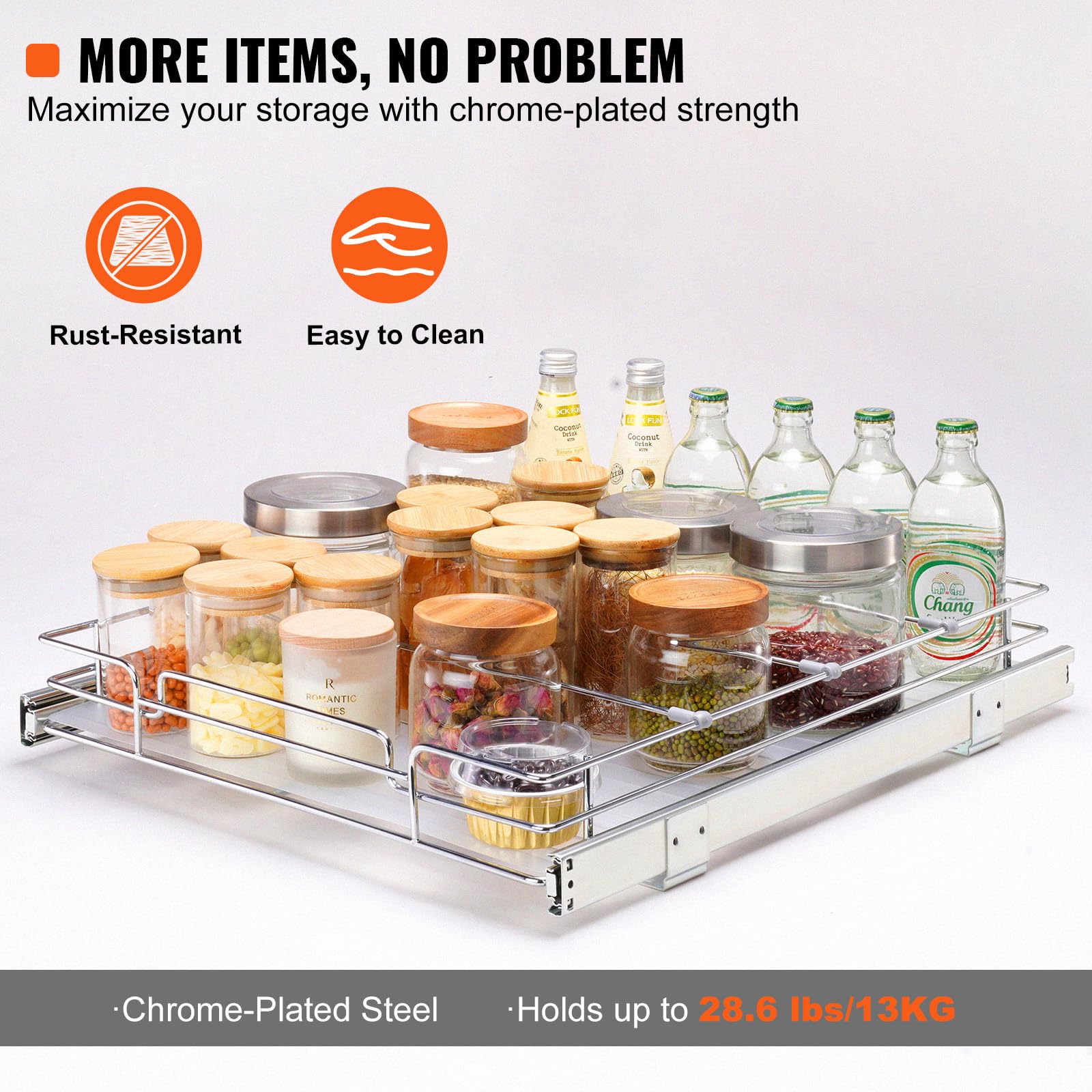 Heavy-Duty Pull-Out Cabinet Organizer – Chrome-Plated Steel Slide-Out Shelf for Kitchen & Under-Sink Storage (18.5” W x 21” D)