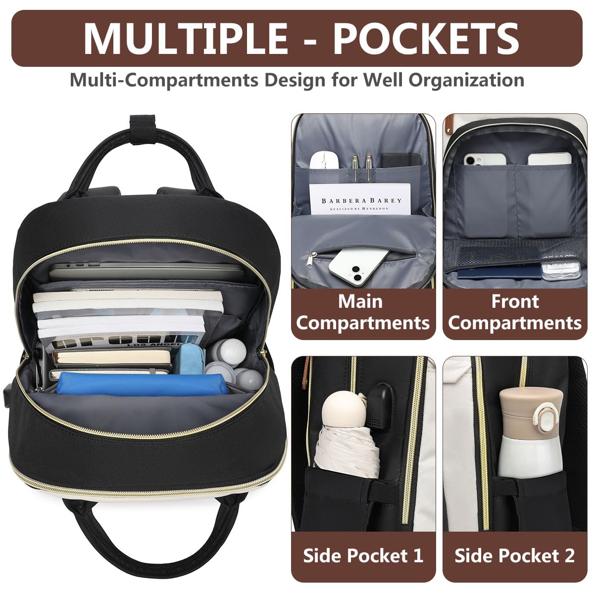 Women’s 15.6” Laptop Backpack with USB Charging Port – Large Waterproof Work & Travel Backpack with Anti-Theft Design (Beige/Black/Brown)