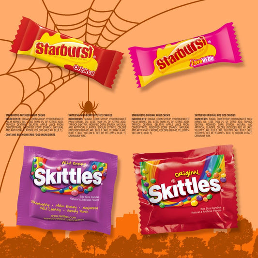 SKITTLES & STARBURST Halloween Variety Bag – 105PCS Fruity Fun Size Mix for Trick-or-Treat & Party Favors 🍓🍋🎃