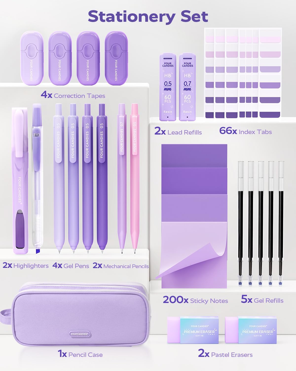 Purple Study Supplies Kit with Pens, Pencils and Notes