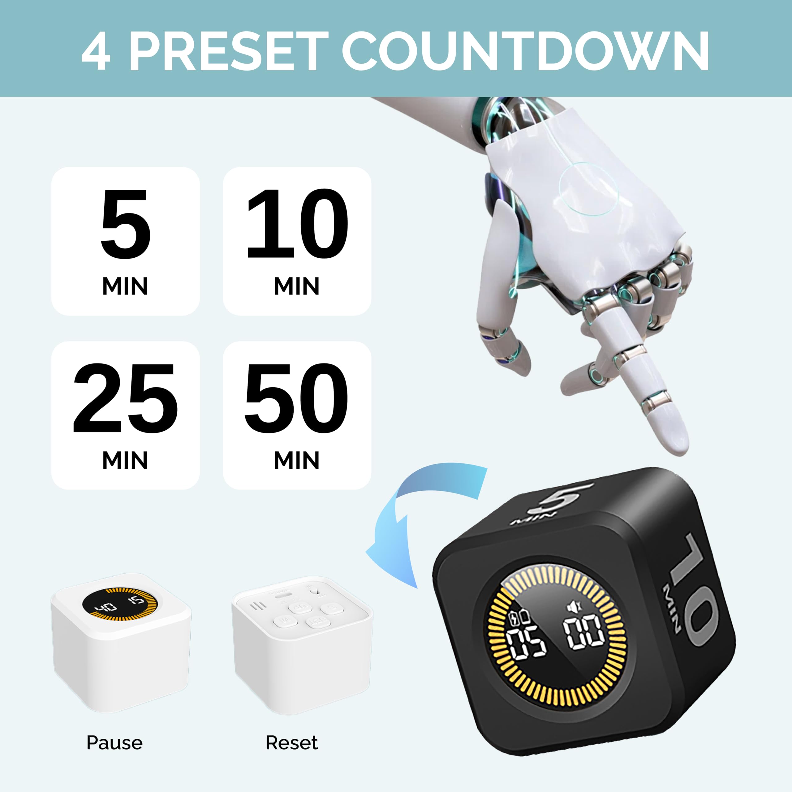 Kadams Visual Pomodoro Timer Cube with LED Ring, 5-10-25-50 Min Presets, Countdown & Stopwatch Mode, Silent Productivity Timer for Work, Study & Kitchen – Black