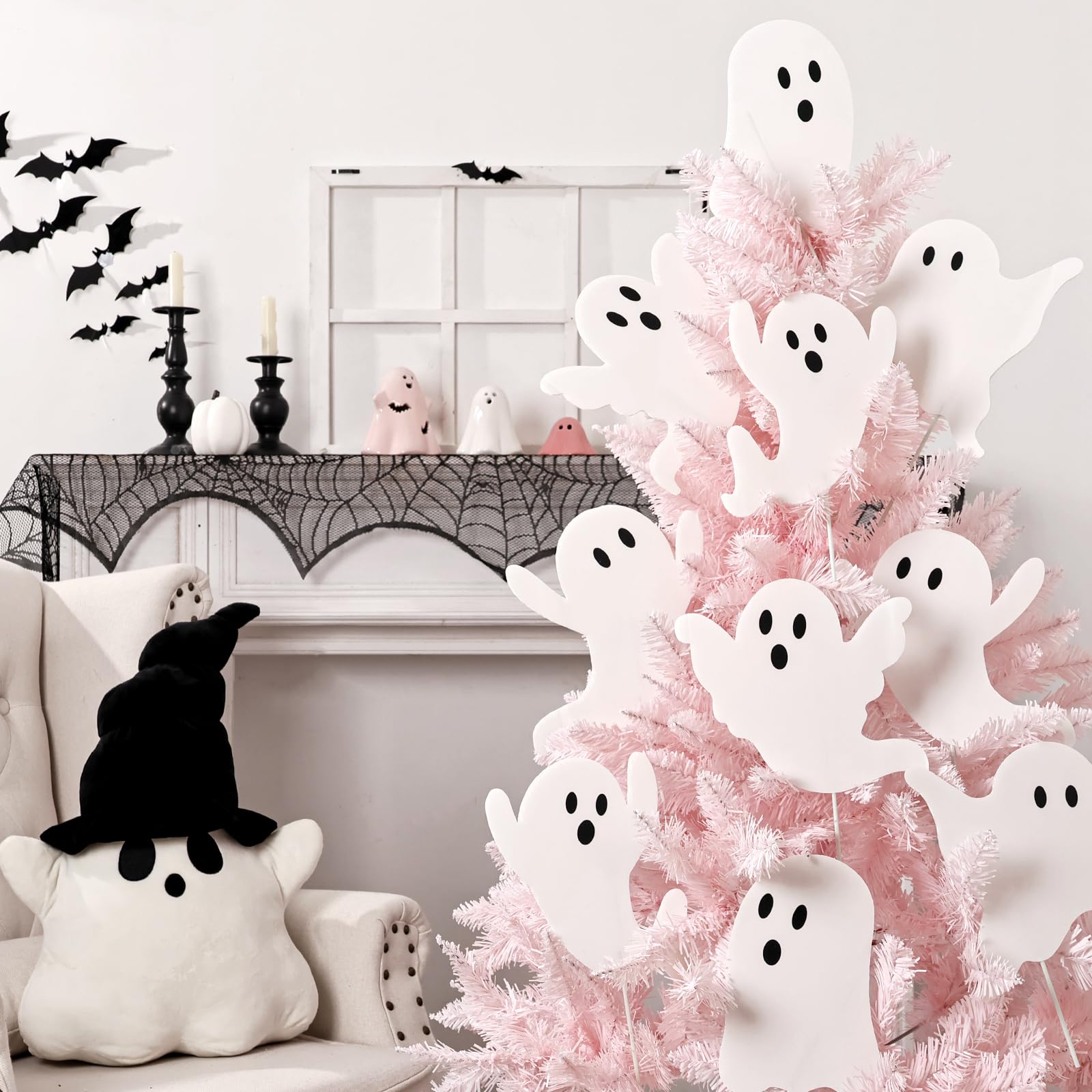 12PCS White Ghost Halloween Tree Picks – Cute Corrugated Plastic Ornaments for Indoor & Outdoor Decor