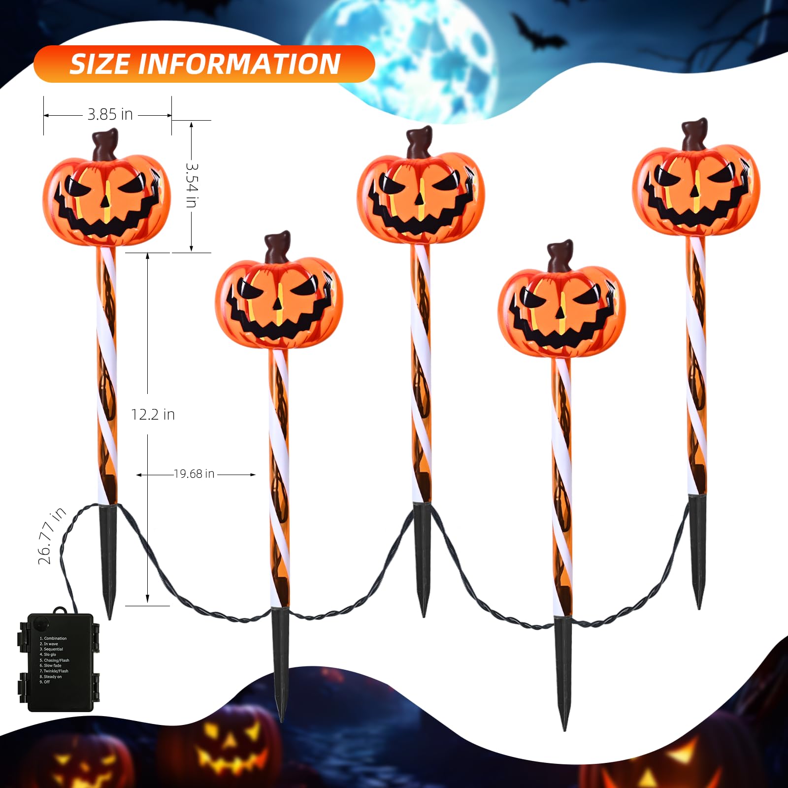 LOLStar Halloween Pathway Lights – 5 Jack-O’-Lantern Pumpkin Stakes with 8 Flashing Modes, Timer & Waterproof Battery Box (Orange, 8.8ft Strand)