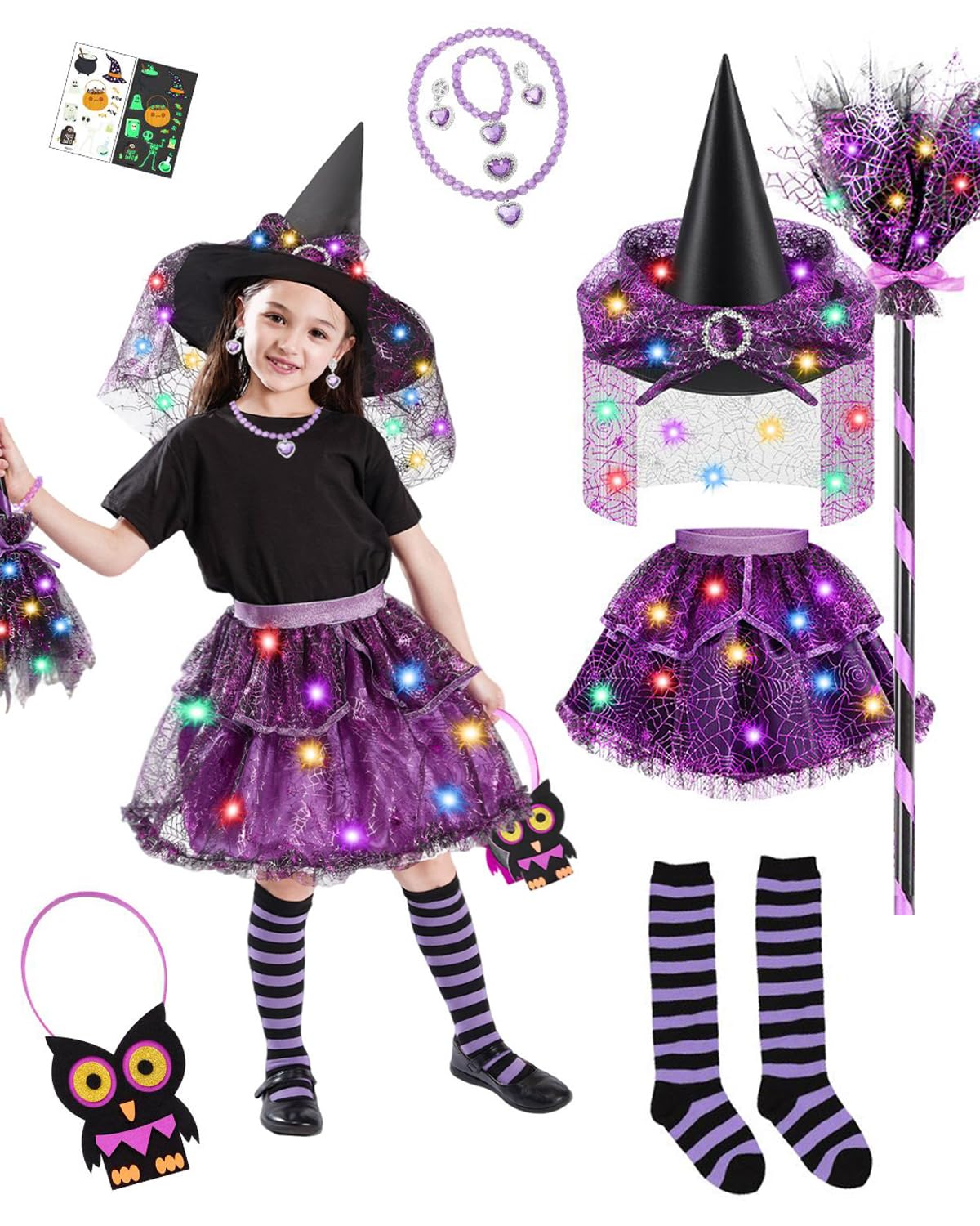 Purple Light-Up Witch Costume Set for Girls – 6-Piece Halloween Dress-Up Kit with LED Skirt, Hat, Broom & Jewelry