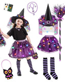 Purple Light-Up Witch Costume Set for Girls – 6-Piece Halloween Dress-Up Kit with LED Skirt, Hat, Broom & Jewelry