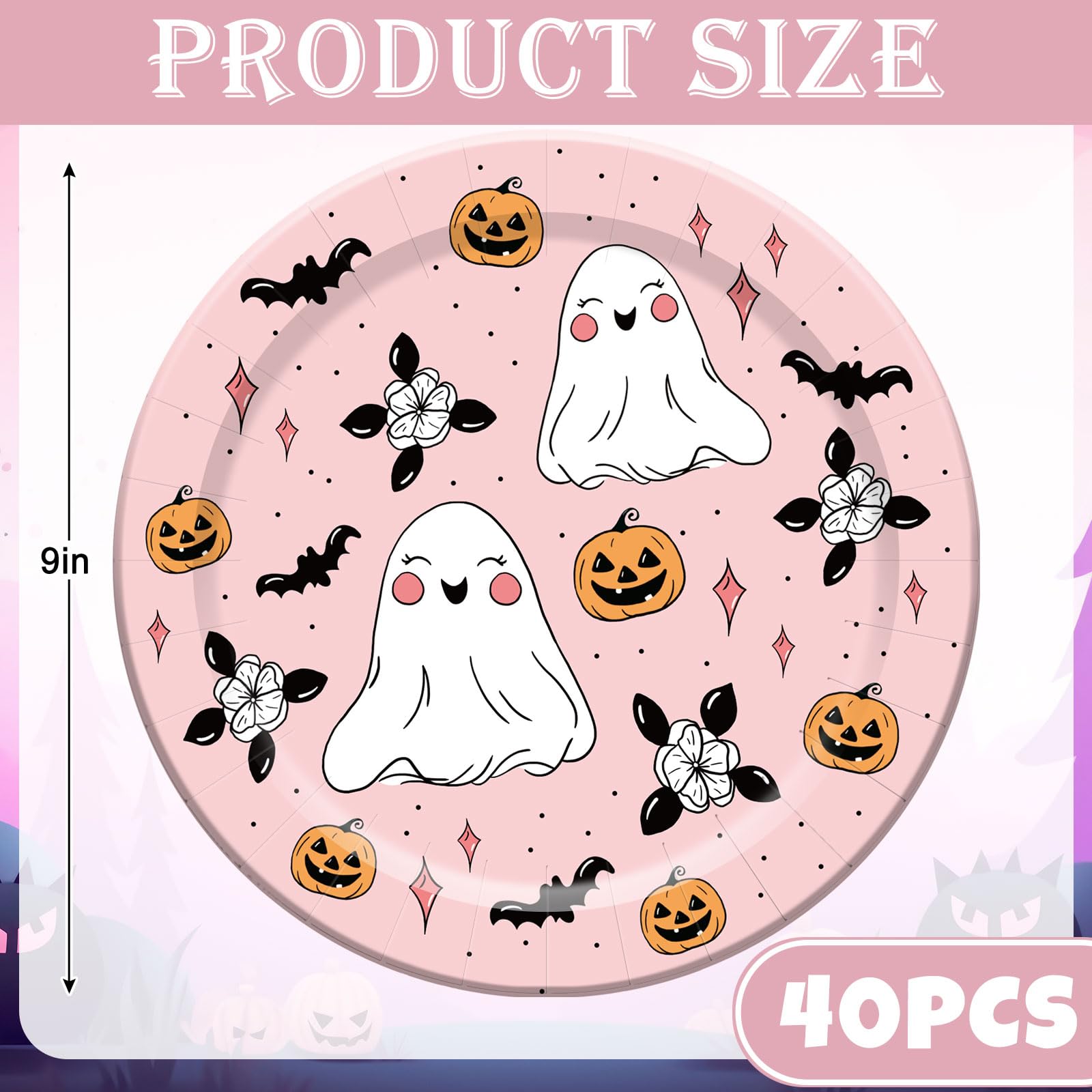 Pink Halloween Paper Plates – 40 Pcs 9" Disposable Plates with Ghost, Bat & Pumpkin Designs for Parties & Everyday Use