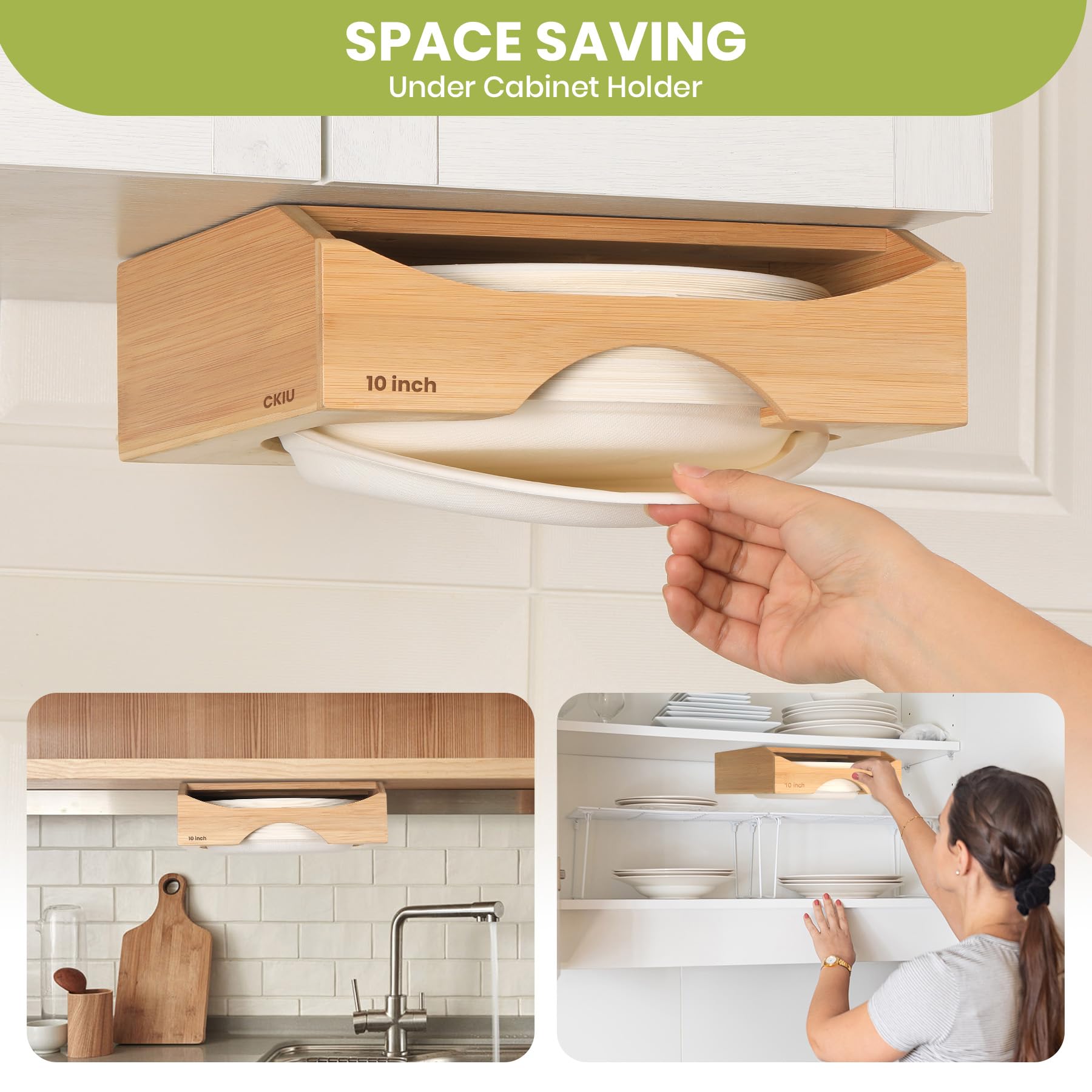 CKIU Bamboo Paper Plate Dispenser – Under Cabinet & Countertop Holder for 10-Inch Plates (Bamboo)