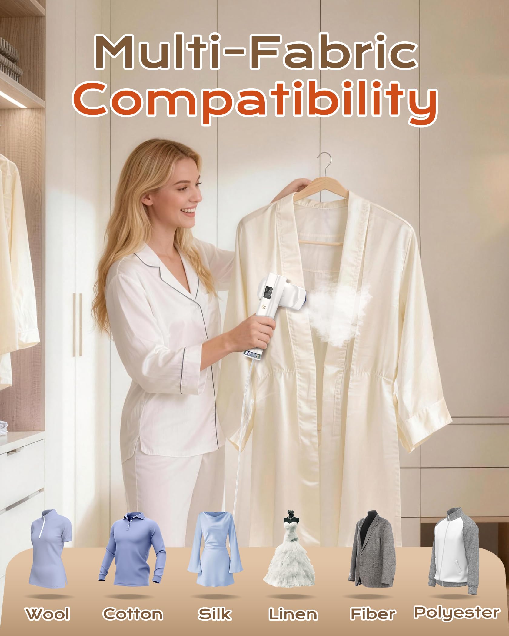 Dovety White 2-in-1 Handheld Garment Steamer 1100W Portable Travel Steam Iron with Rotating Head and LED Control