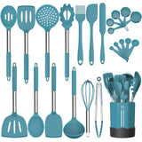 24-Piece Professional Silicone Kitchen Utensil Set with Stainless Steel Handles & Holder – Blue