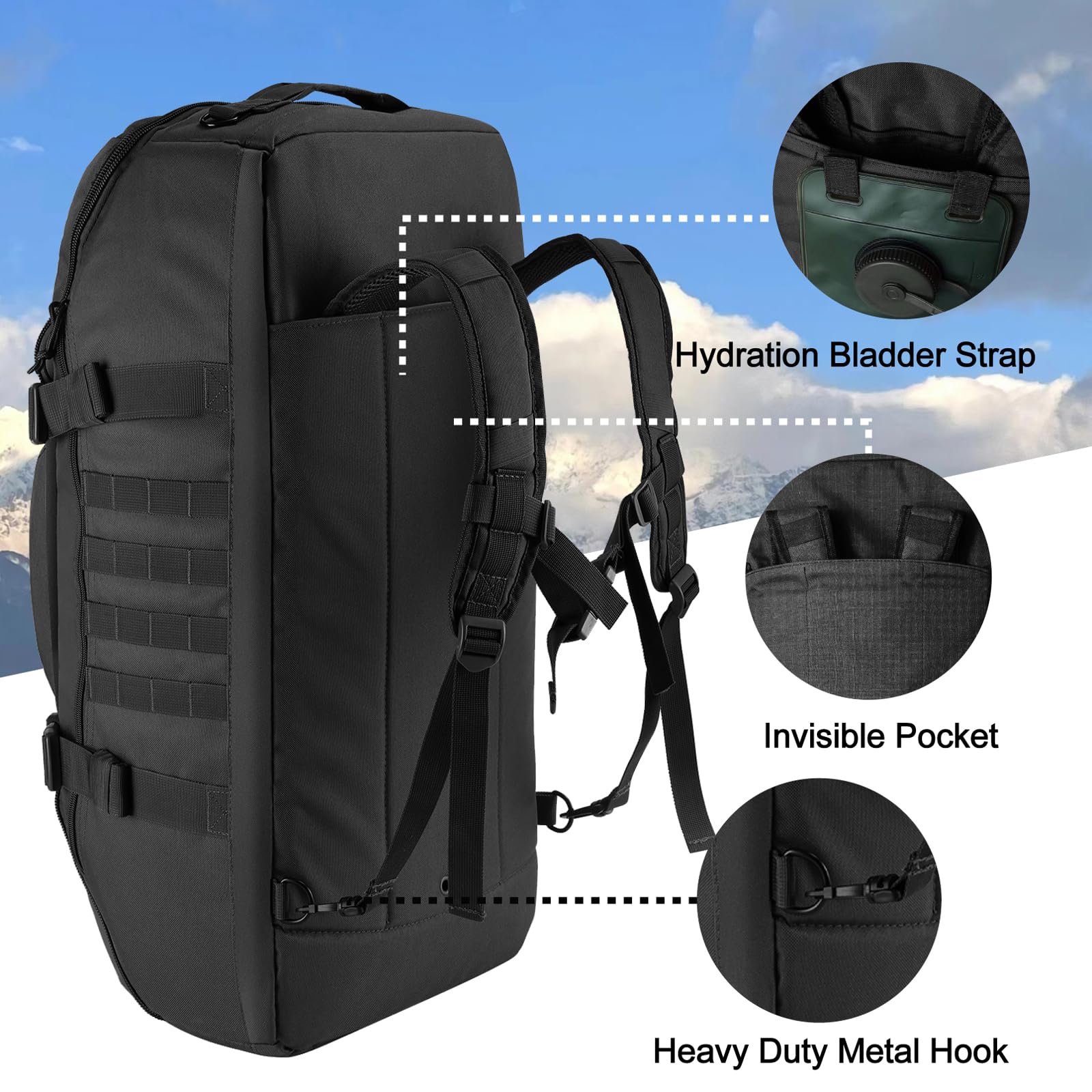 65L Tactical Duffle Bag – 3-in-1 Waterproof Military-Style Travel, Gym & Outdoor Backpack (Flag Black)