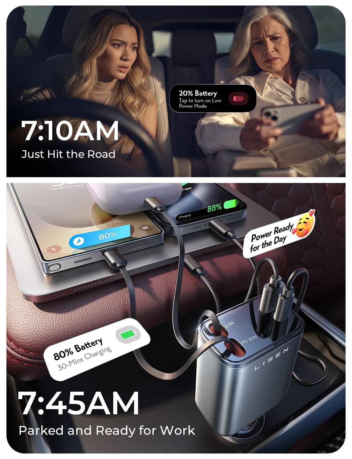 4-in-1 Retractable Car Charger 69W – Fast USB-C Car Charger with Dual Cables & 4 Ports for iPhone, Android & Travel